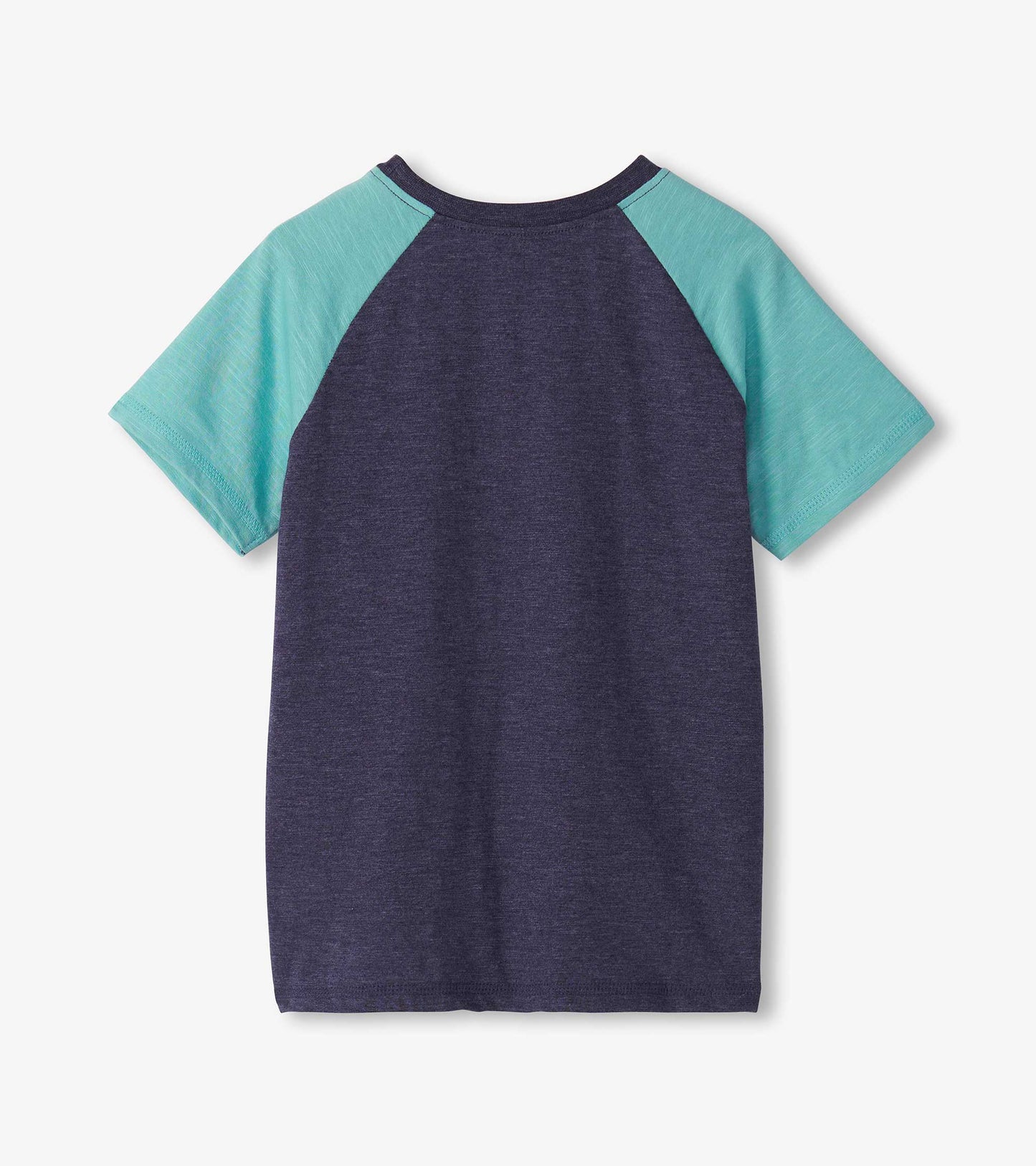 Back view of a boys' T-shirt featuring a dark purple body and light teal raglan sleeves.