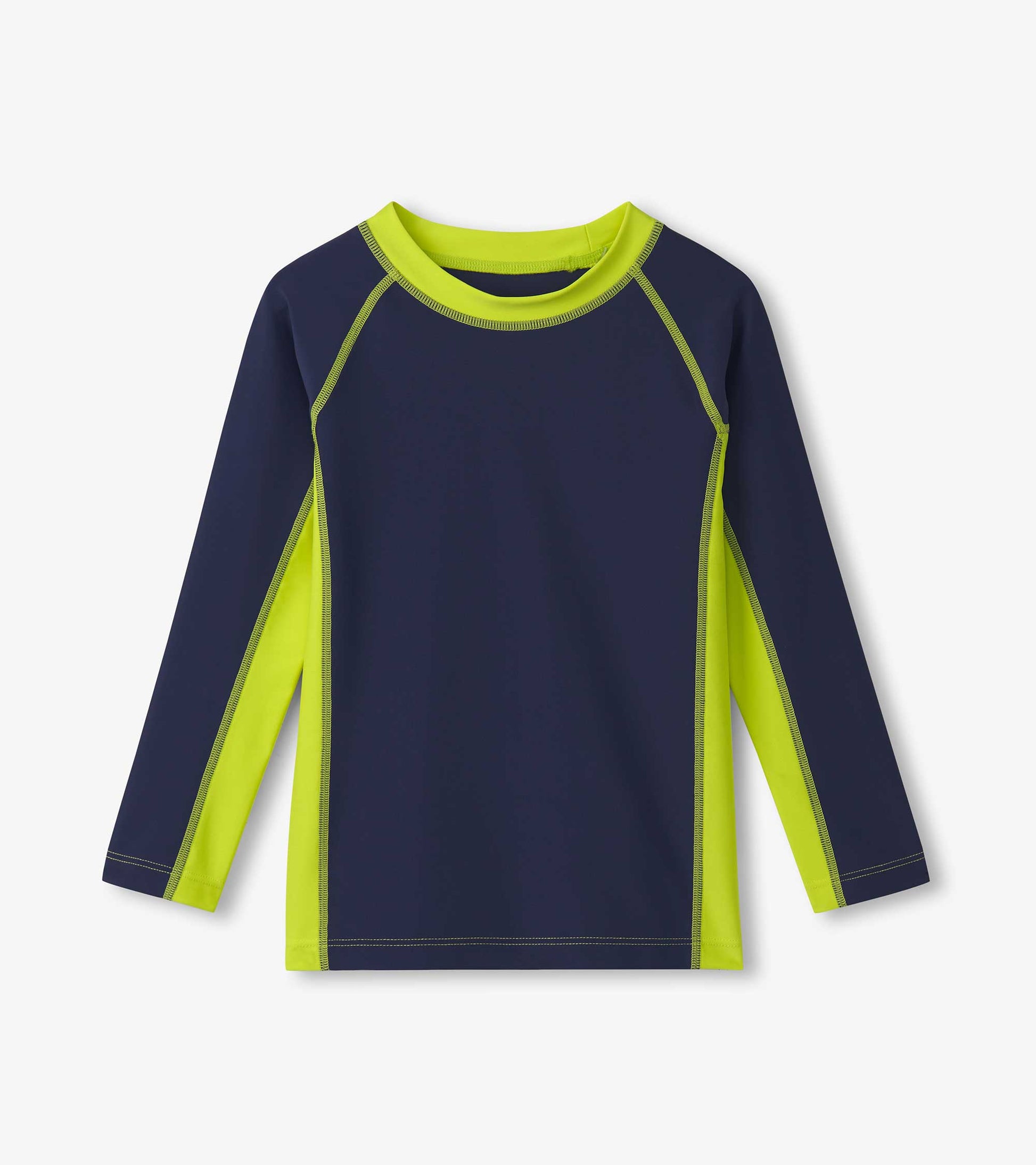 Navy long sleeve rashguard with bright green side panels and stitching, suitable for boys' swimwear.