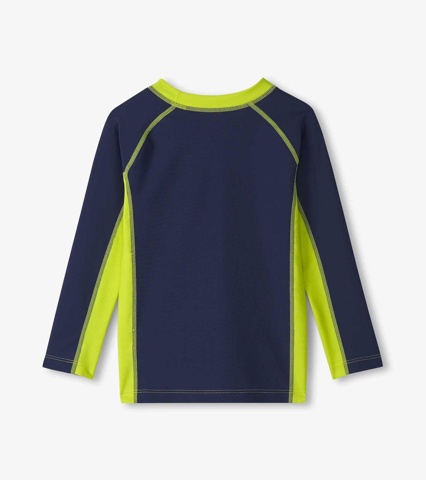 Navy long sleeve rashguard with bright green side panels and stitching, designed for active water play.