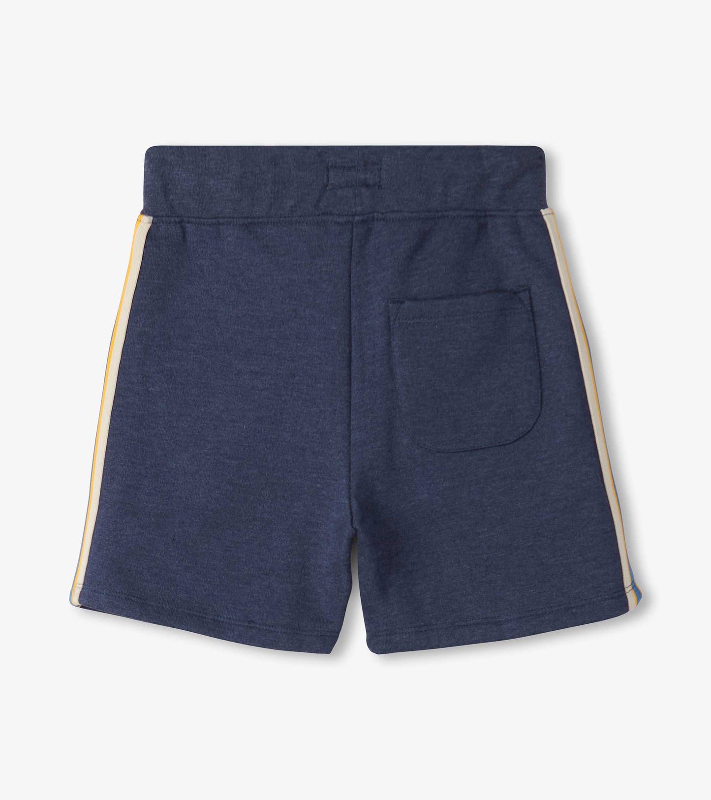 Patriot blue pull-on shorts with a back pocket and yellow side stripes, suitable for casual wear.