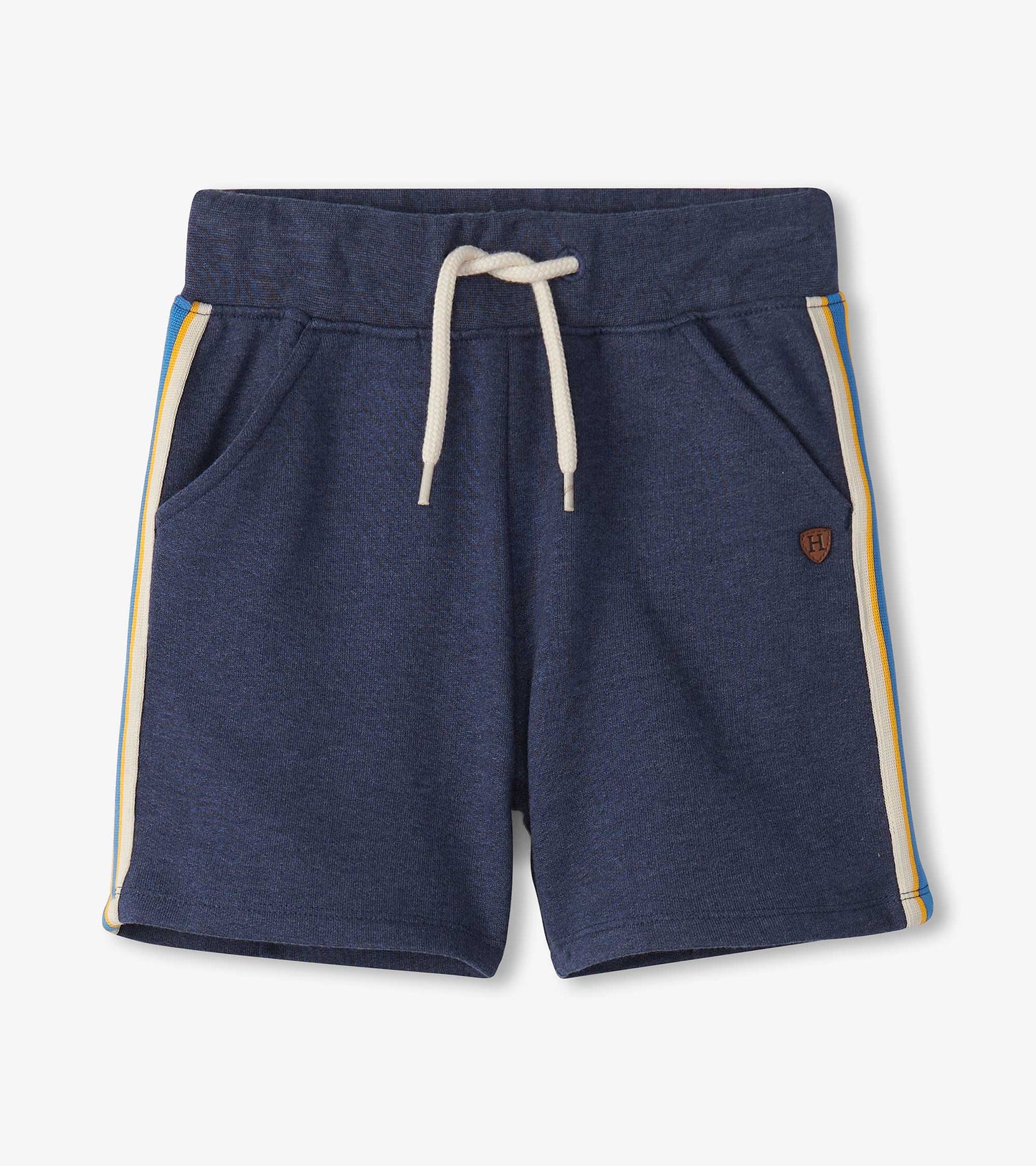 Patriot blue pull-on shorts with elastic waistband, drawstring, side pockets, and contrasting stripes.