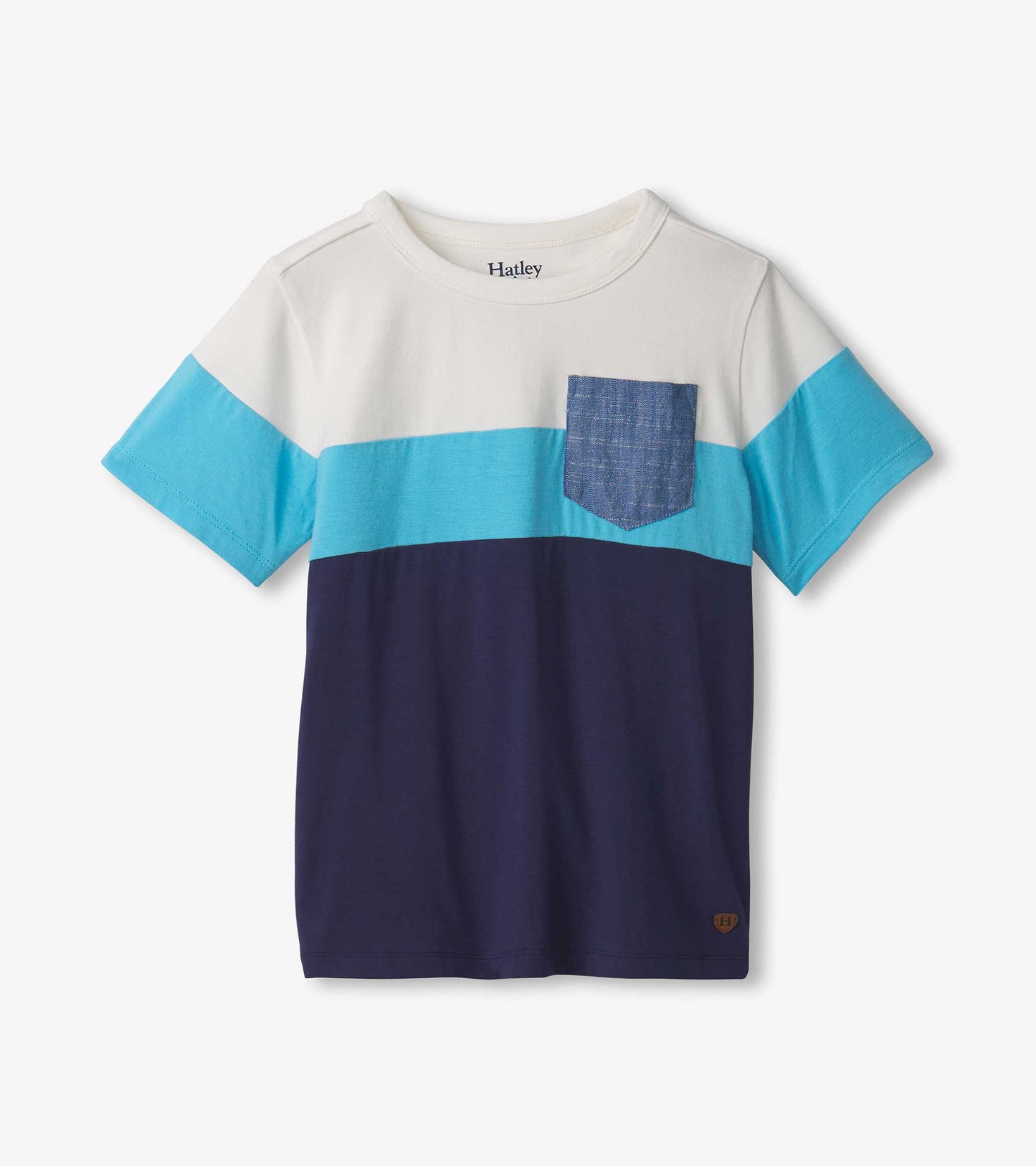 Boys' short-sleeve T-shirt in blue and white color block design with a denim pocket, made from soft bamboo fabric.