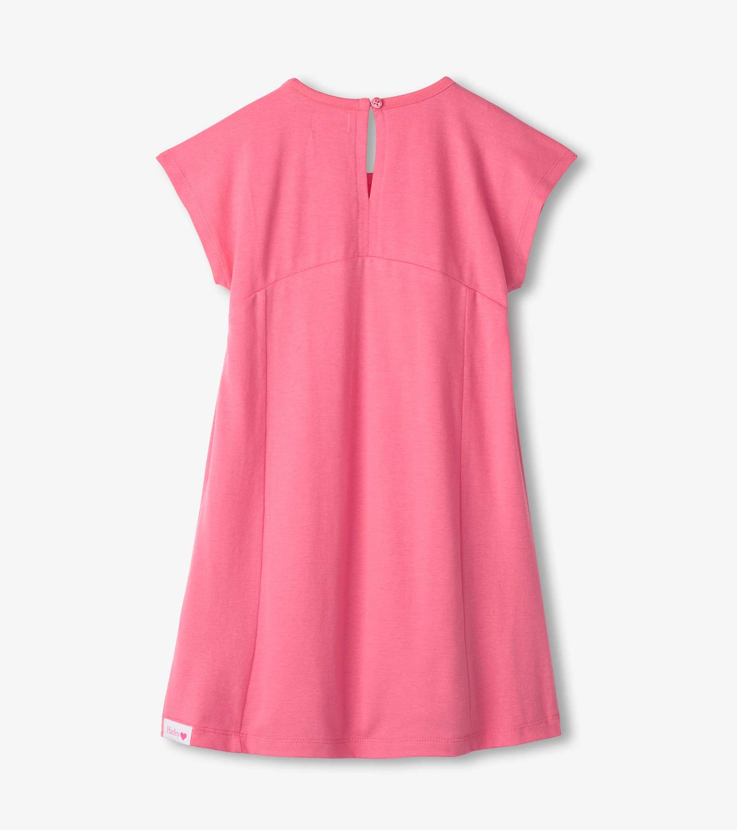 Pink A-line dress with cap sleeves and a keyhole back detail, suitable for girls.