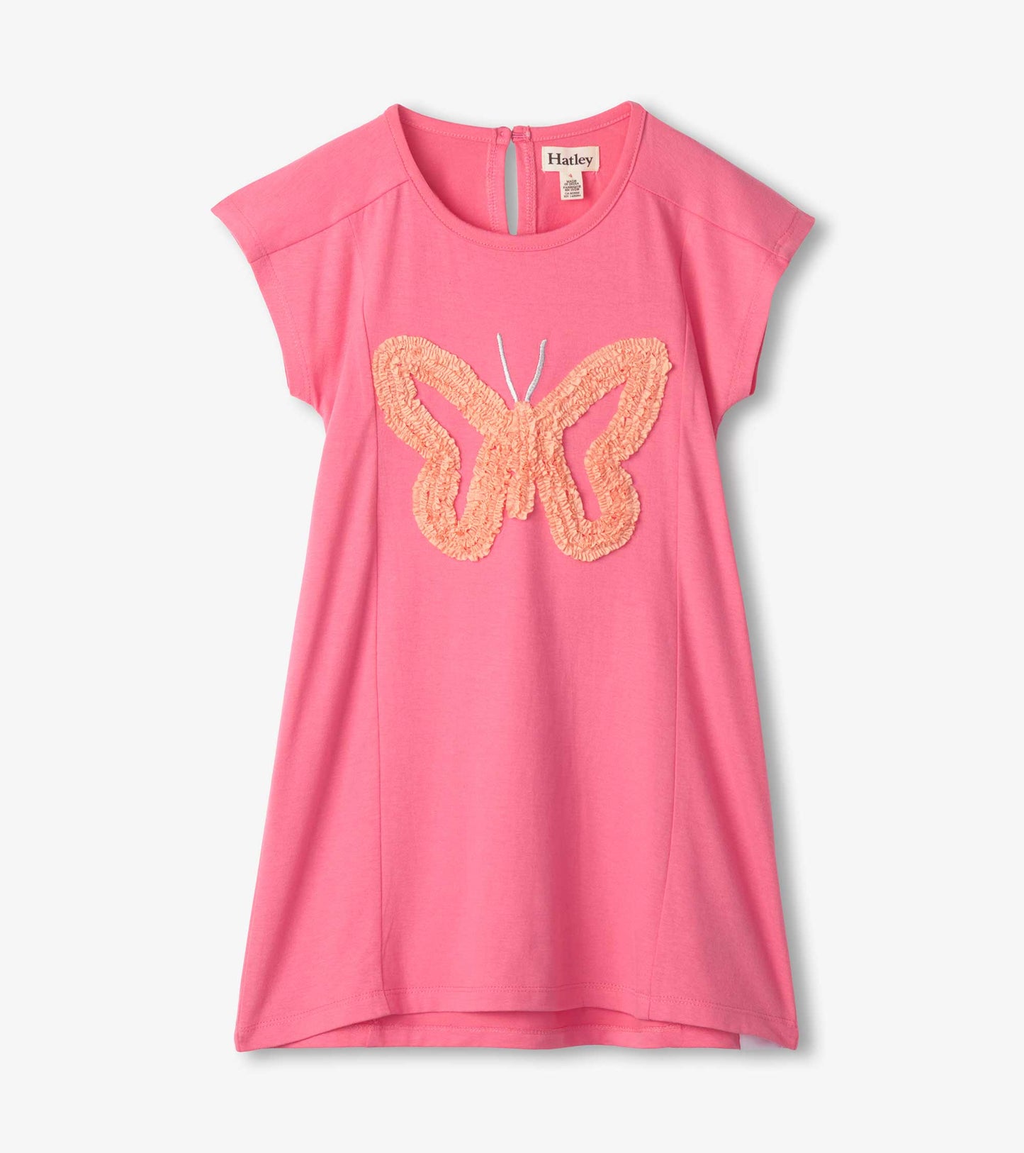 Pink A-line dress featuring a textured butterfly design on the front, with cap sleeves and a back button closure.
