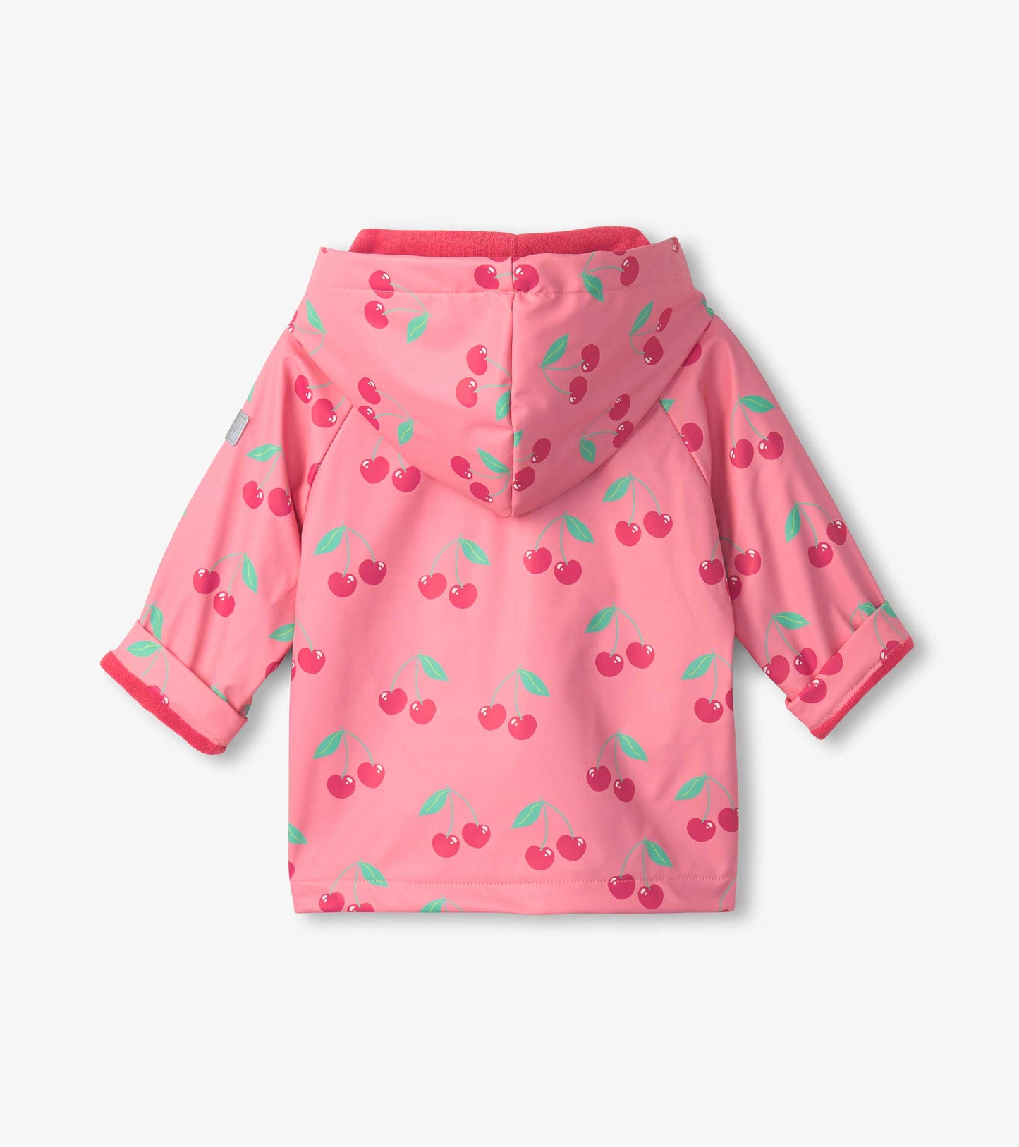 Pink button-up raincoat for toddlers featuring a cherry pattern and a hood, shown from the back.