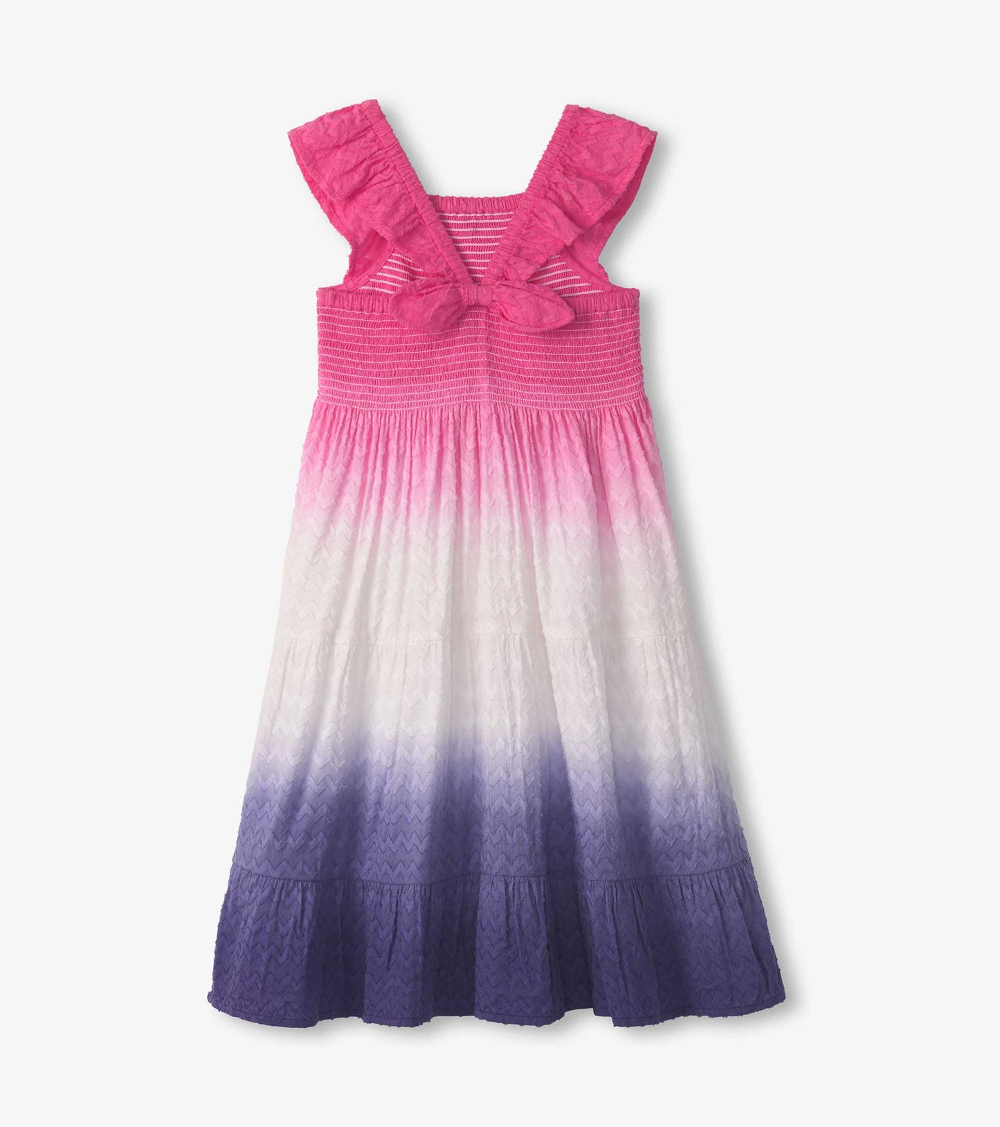 Purple dip dye smocked dress with pink straps and ruffled sleeves, featuring a tiered skirt design.