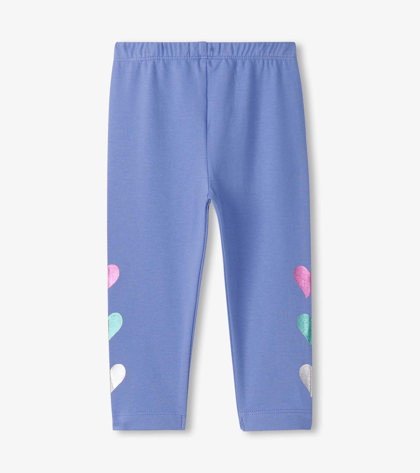 Light blue leggings featuring colorful heart designs on the sides, made from soft, stretchy material for comfort.