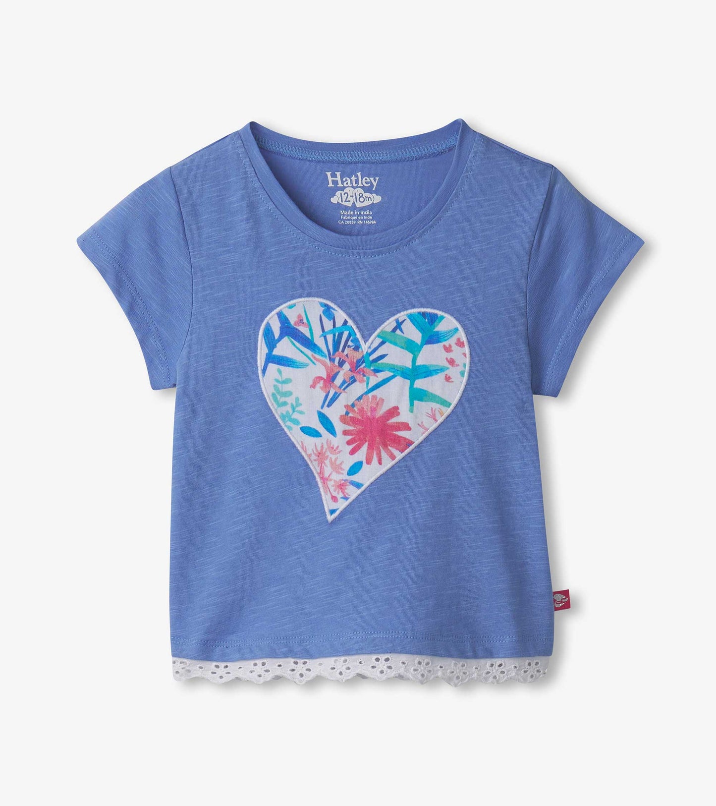 Light blue t-shirt featuring a floral heart design and eyelet trim at the hem, suitable for baby and toddler girls.