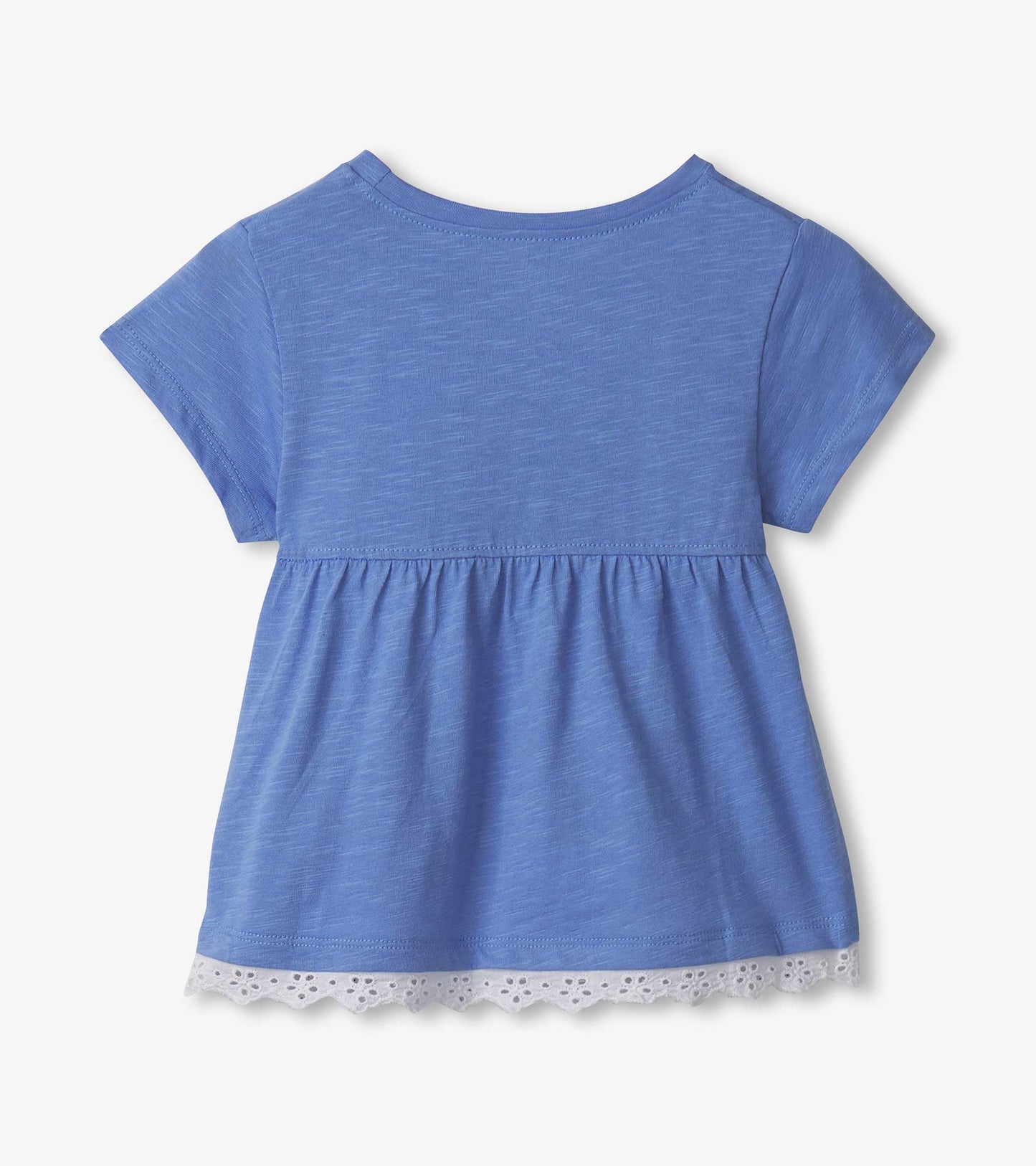 Light blue t-shirt with short sleeves, gathered waist, and white eyelet trim at the hem.