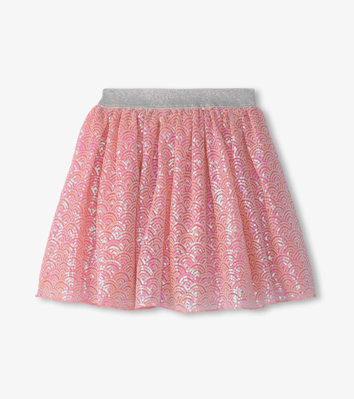 Pink tulle skirt with mermaid sequin pattern and elastic waistband, featuring a flared shape for a playful look.