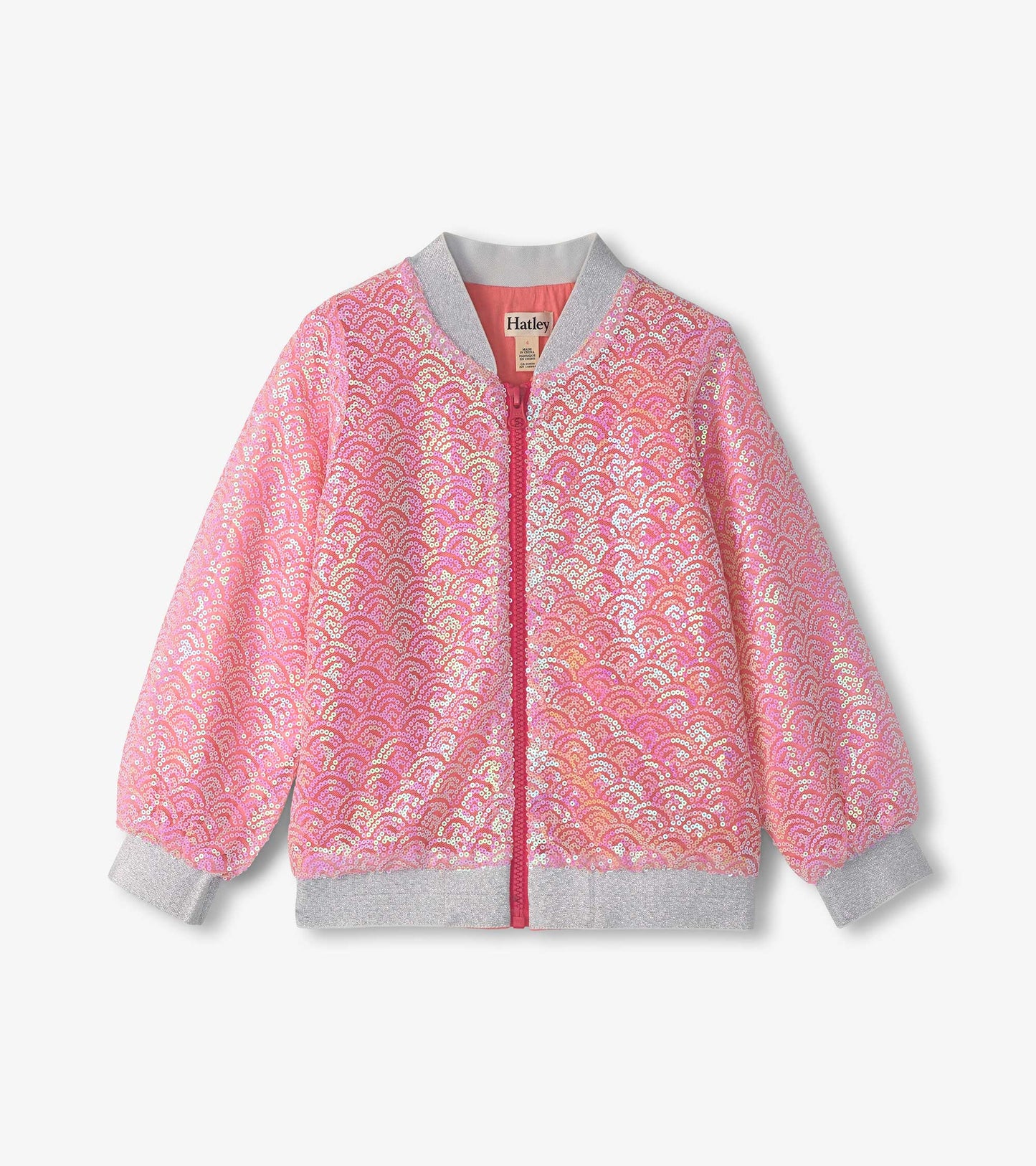 Pink bomber jacket with sequined mermaid scale pattern and gray ribbed cuffs, featuring a front zipper.