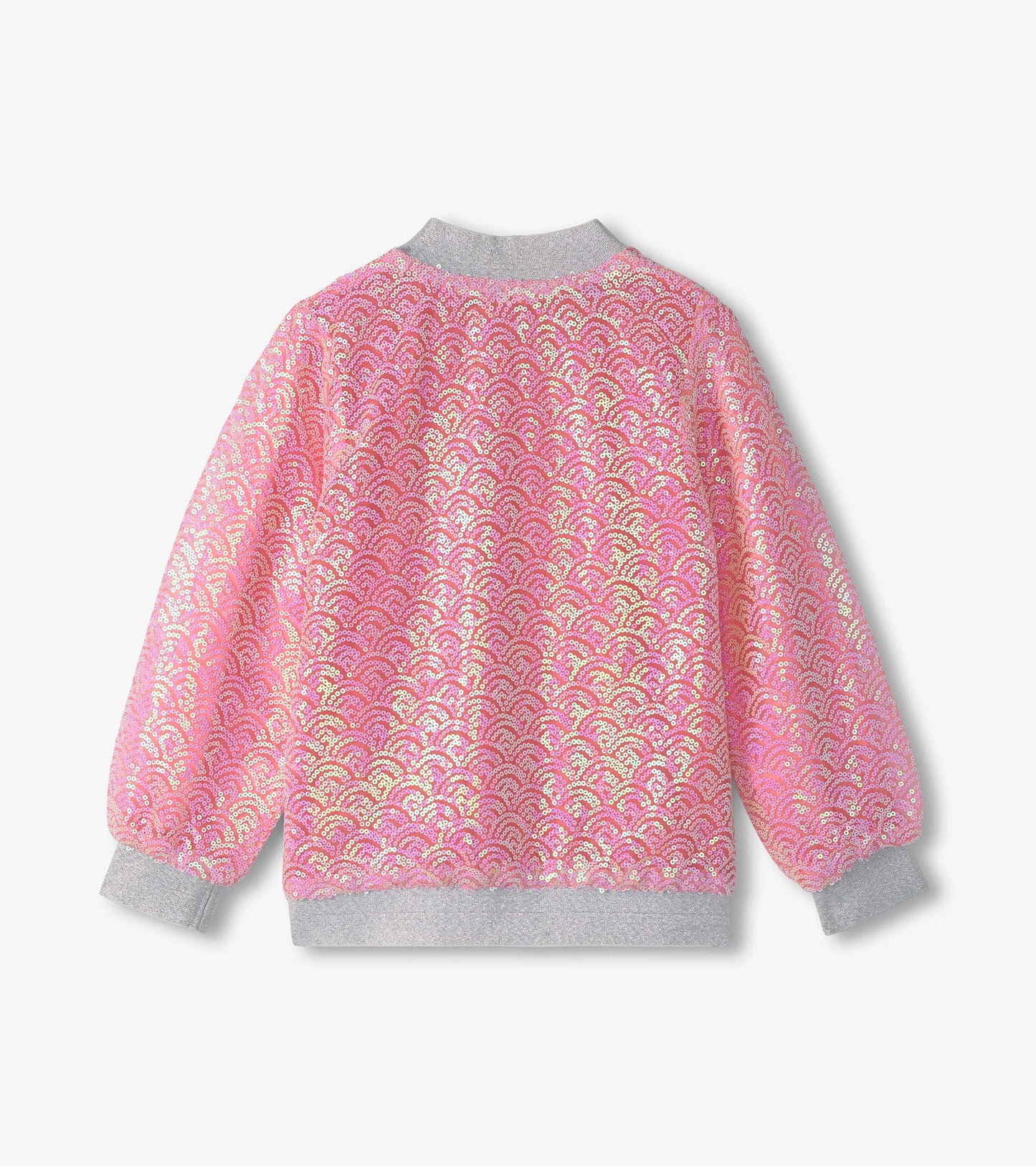 Pink sequined bomber jacket with a wave pattern and gray ribbed cuffs, designed for girls. Back view shown.