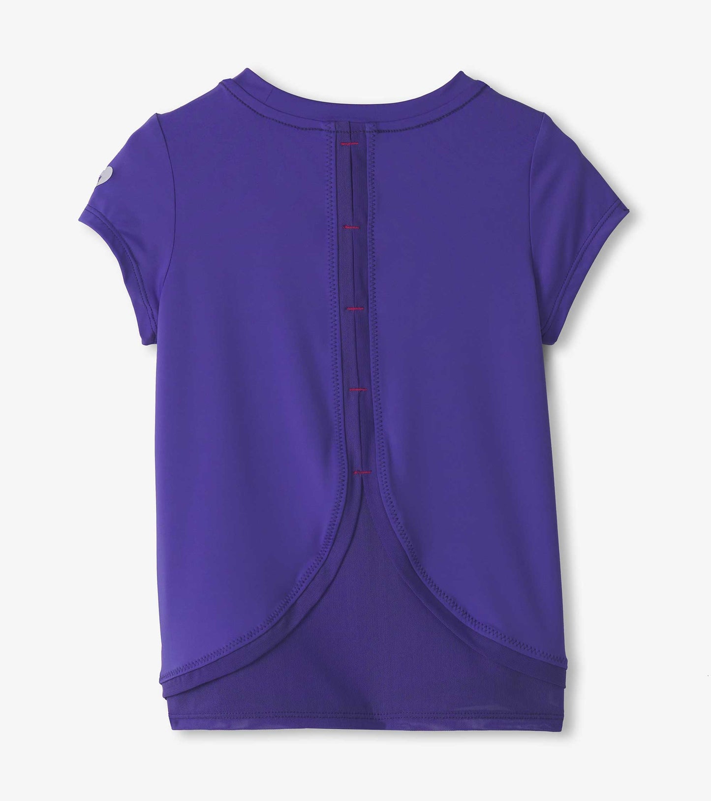 Purple short-sleeve T-shirt with mesh trim and decorative buttons along the back.