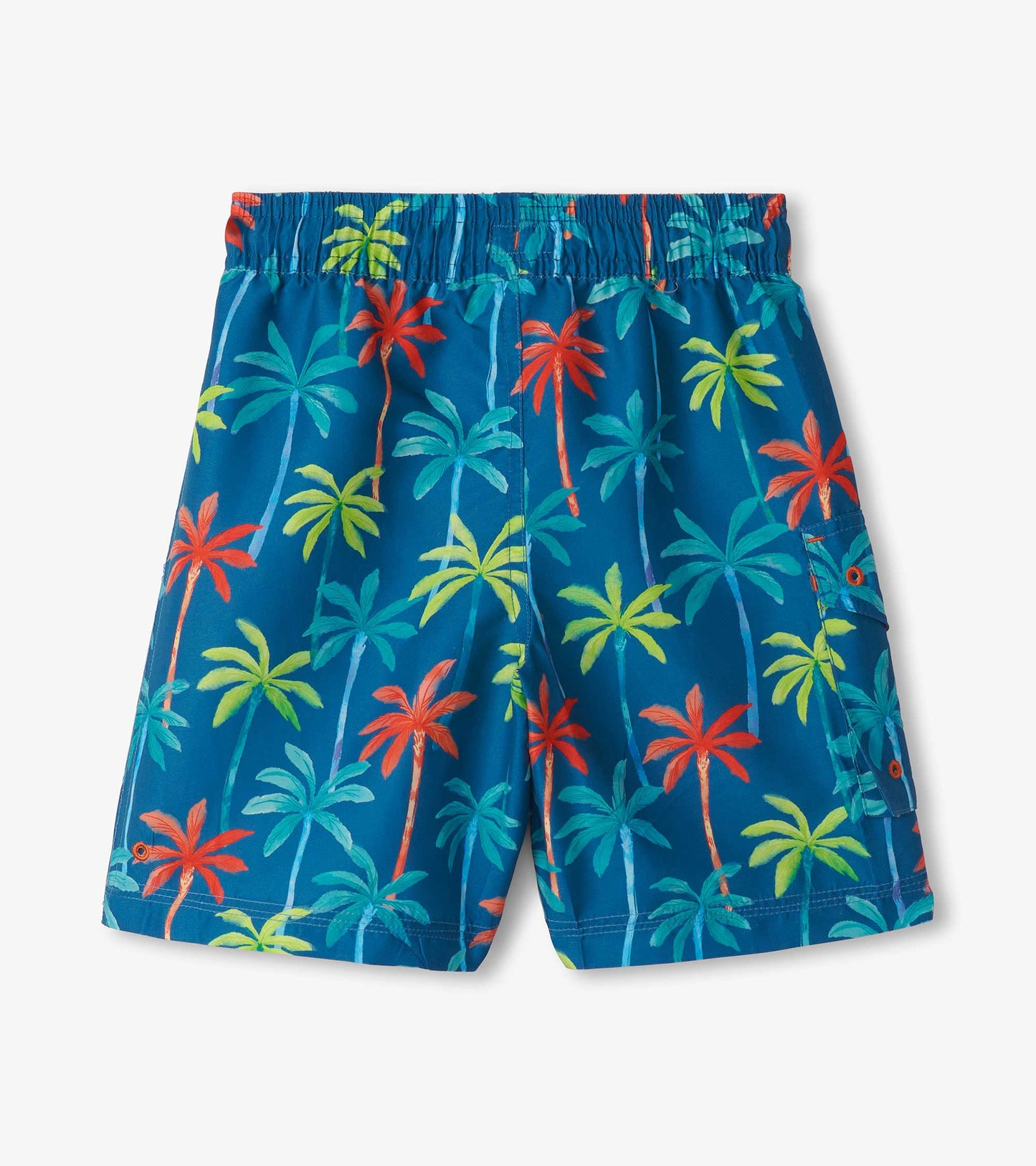 Blue board shorts featuring a vibrant palm tree print in red, green, and yellow. Elastic waistband for comfort.