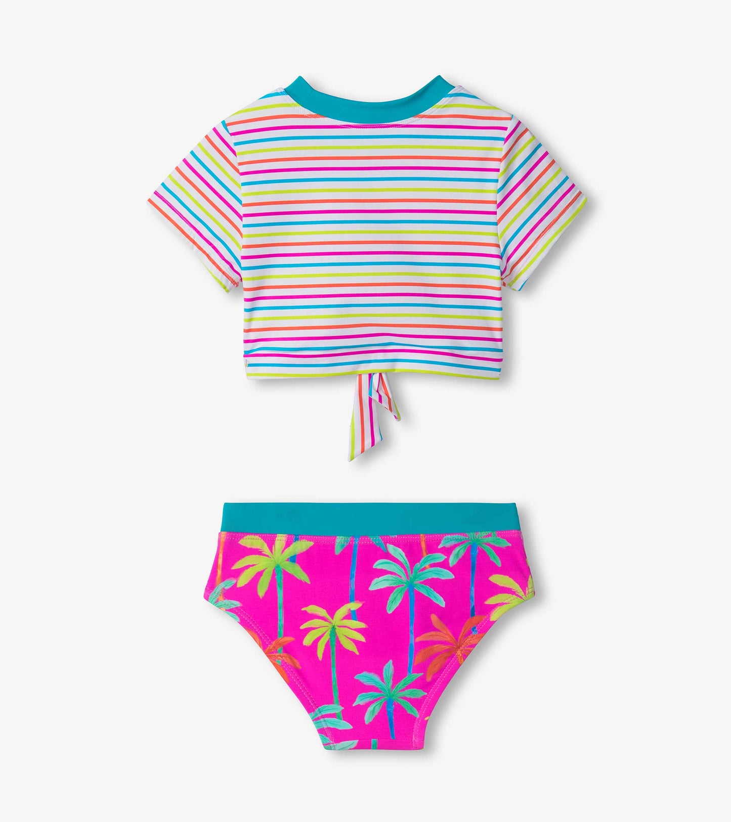 Colorful striped short sleeve tankini top with a tie back and pink bottoms featuring palm tree prints.