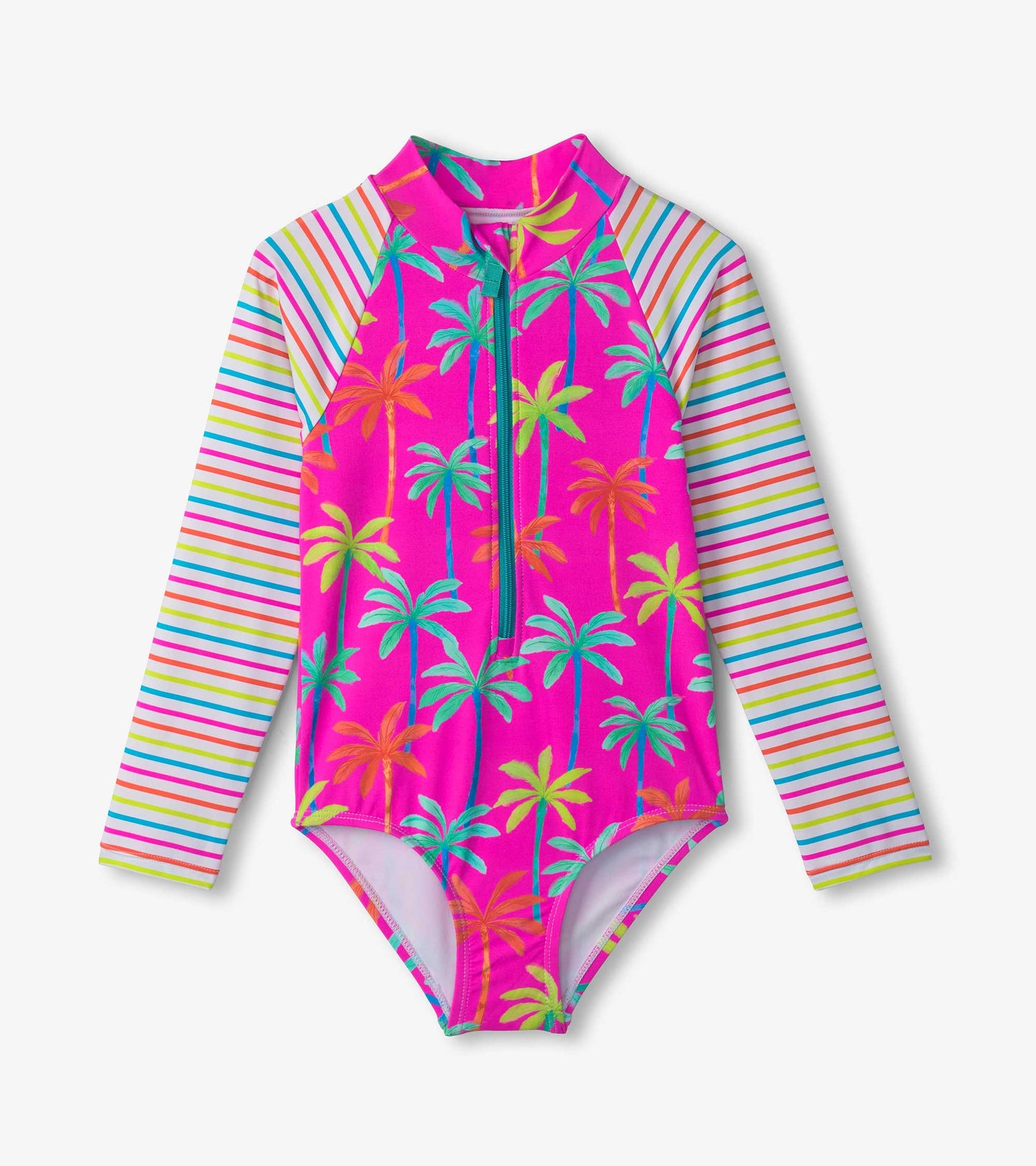 Bright pink long sleeve rashguard swimsuit with palm tree print and striped sleeves, featuring a front zipper.