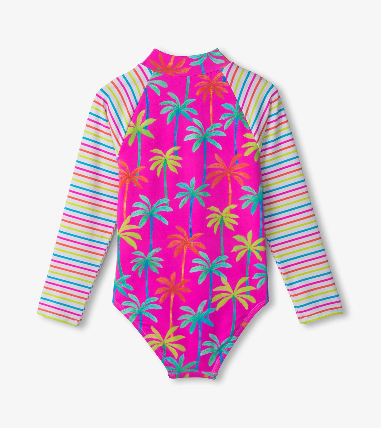Bright pink long sleeve rashguard swimsuit with colorful palm tree print and striped sleeves.