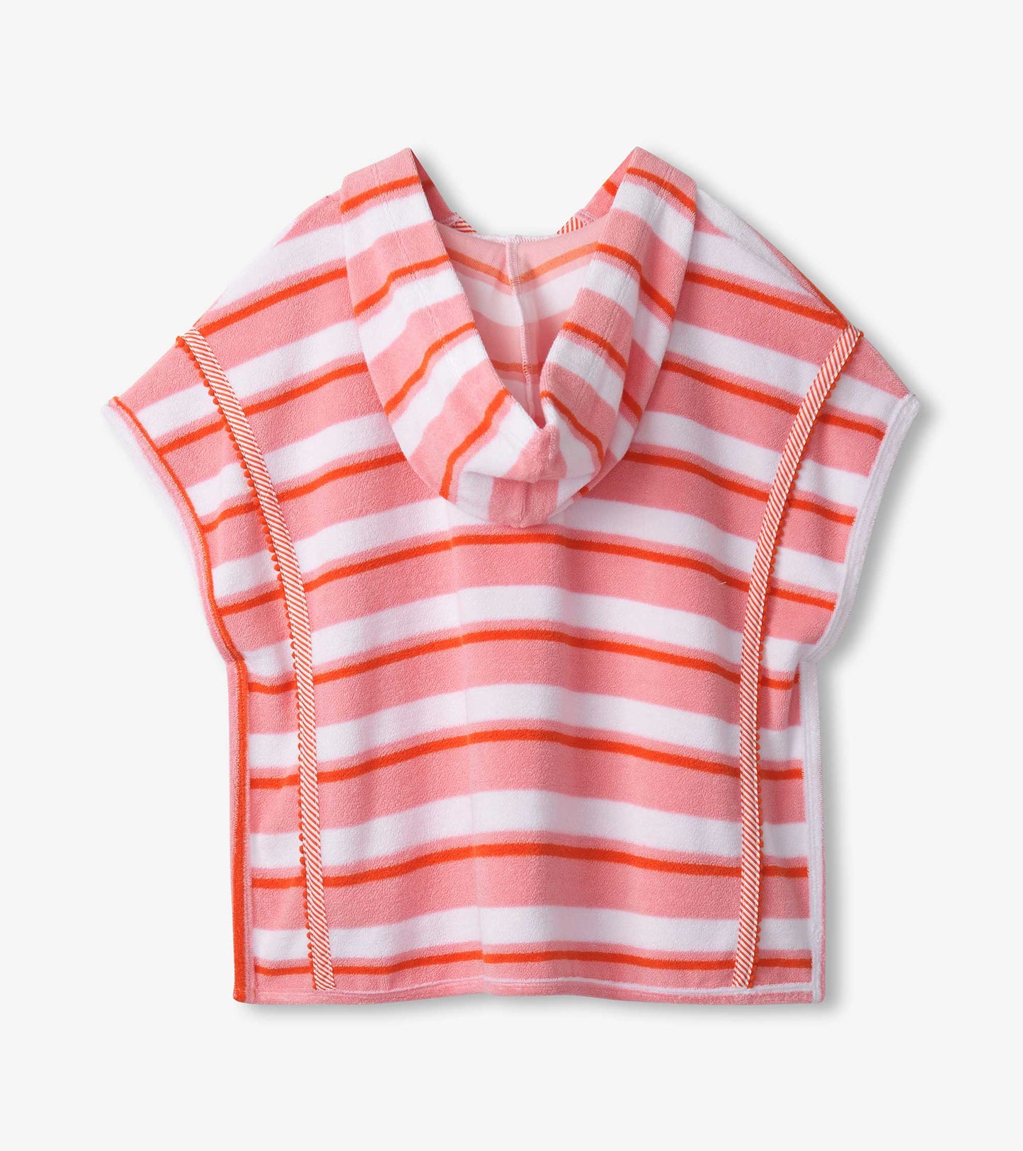 Hooded cover-up in pink and white stripes, made from soft material, designed for kids.