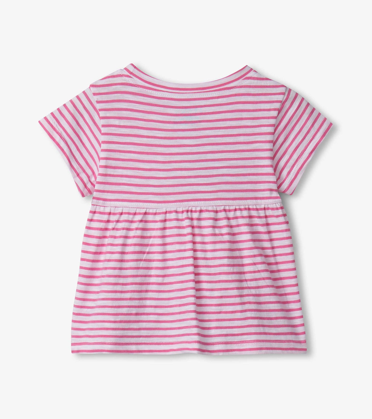 Pink and white striped short-sleeve tee with a gathered waist, suitable for baby and toddler girls.