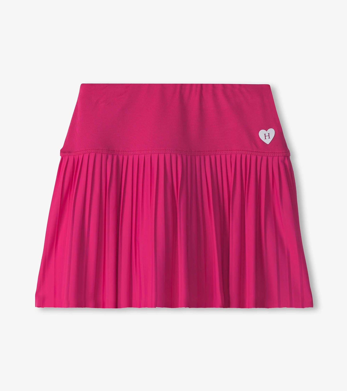 Pink sporty skort with a pleated design and elastic waistband, suitable for active wear.