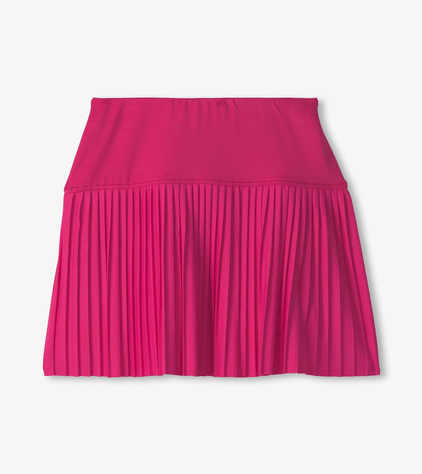 Pink sporty skort with a pleated design and elastic waistband, suitable for active wear.