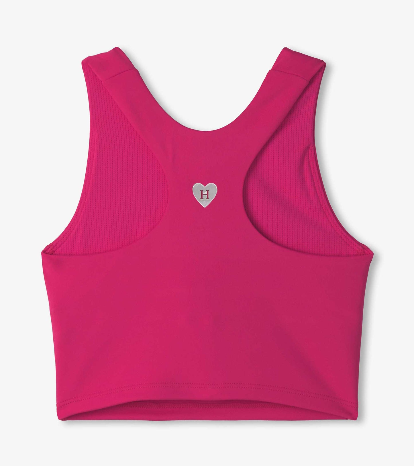 Bright pink tank top with a racerback design and a heart logo detail, suitable for active wear.