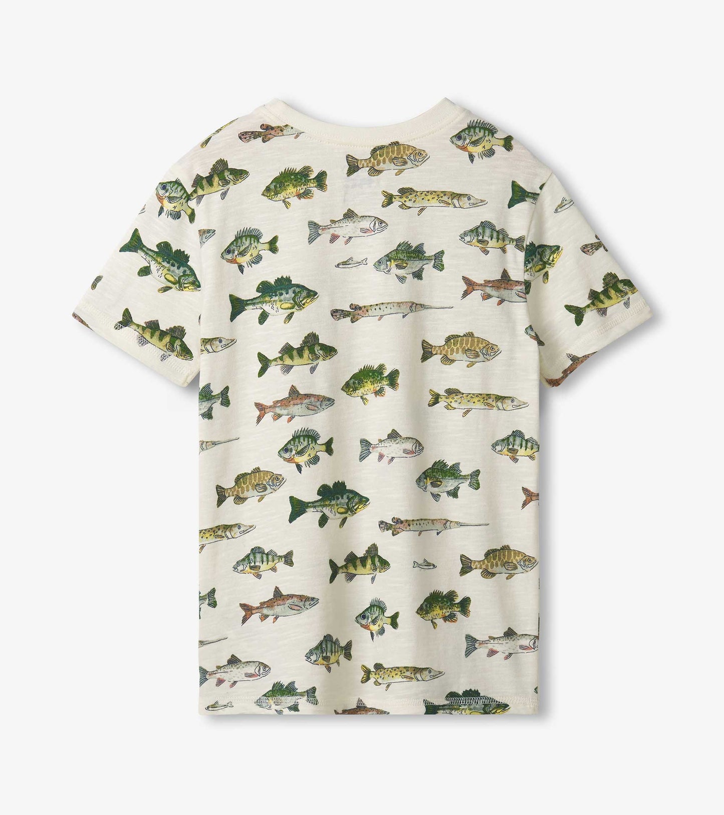 Short-sleeve tee featuring a colorful fish graphic pattern on a light background.