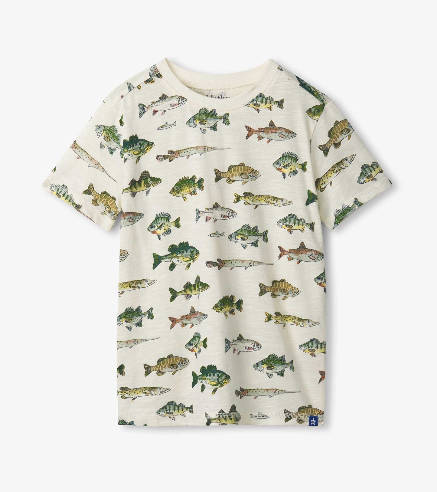 Cream short-sleeve tee featuring a colorful fish graphic pattern, perfect for casual wear.