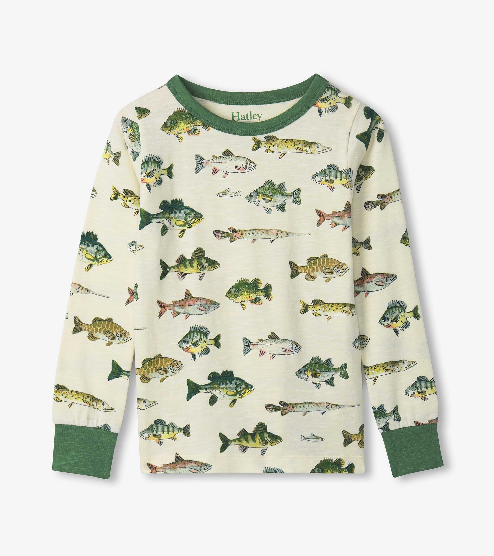 Long-sleeve pyjama top featuring a colorful fish print on a cream background with green cuffs.