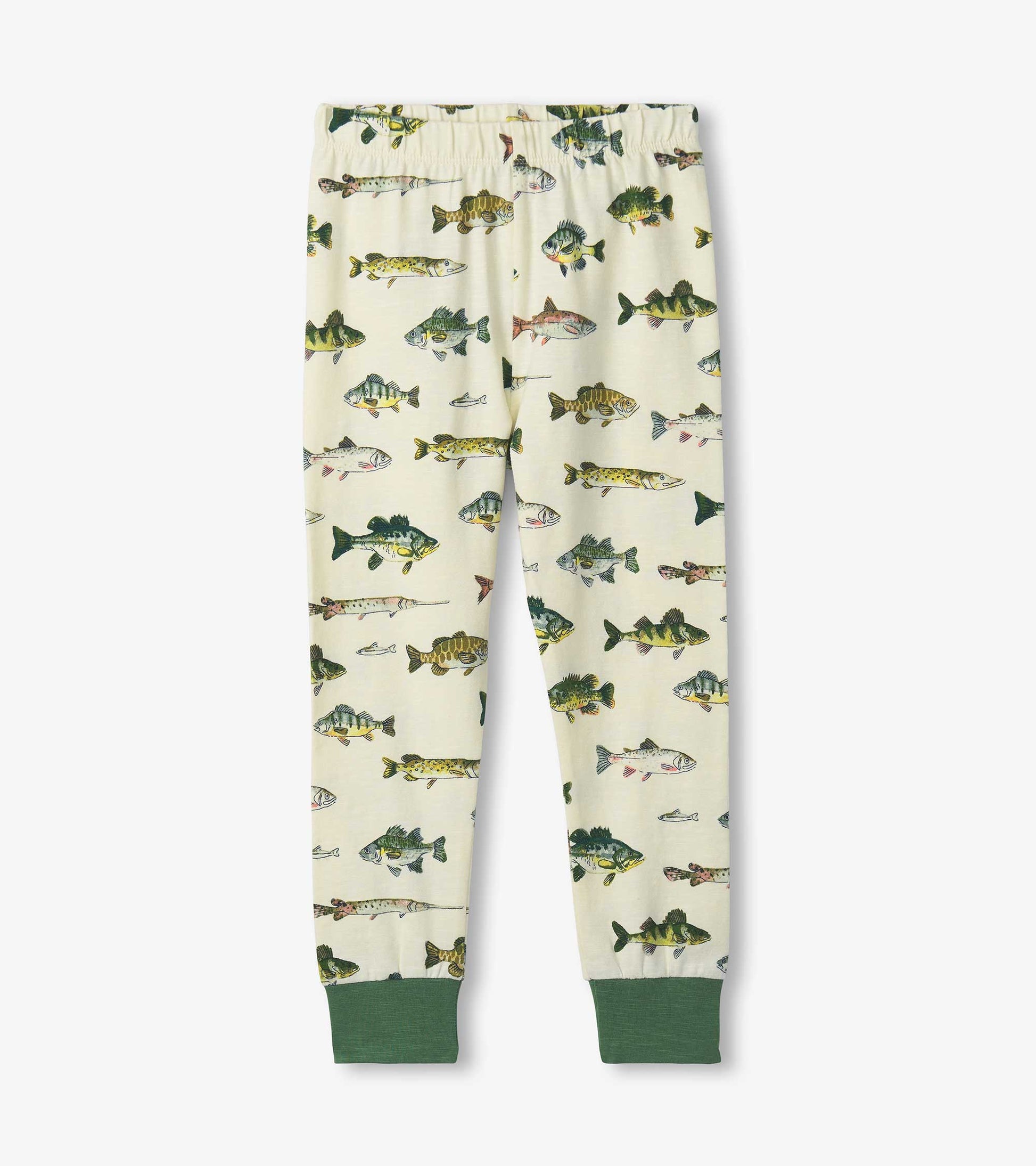 Cream-colored pajama pants featuring a colorful fish pattern and green cuffs, designed for boys.