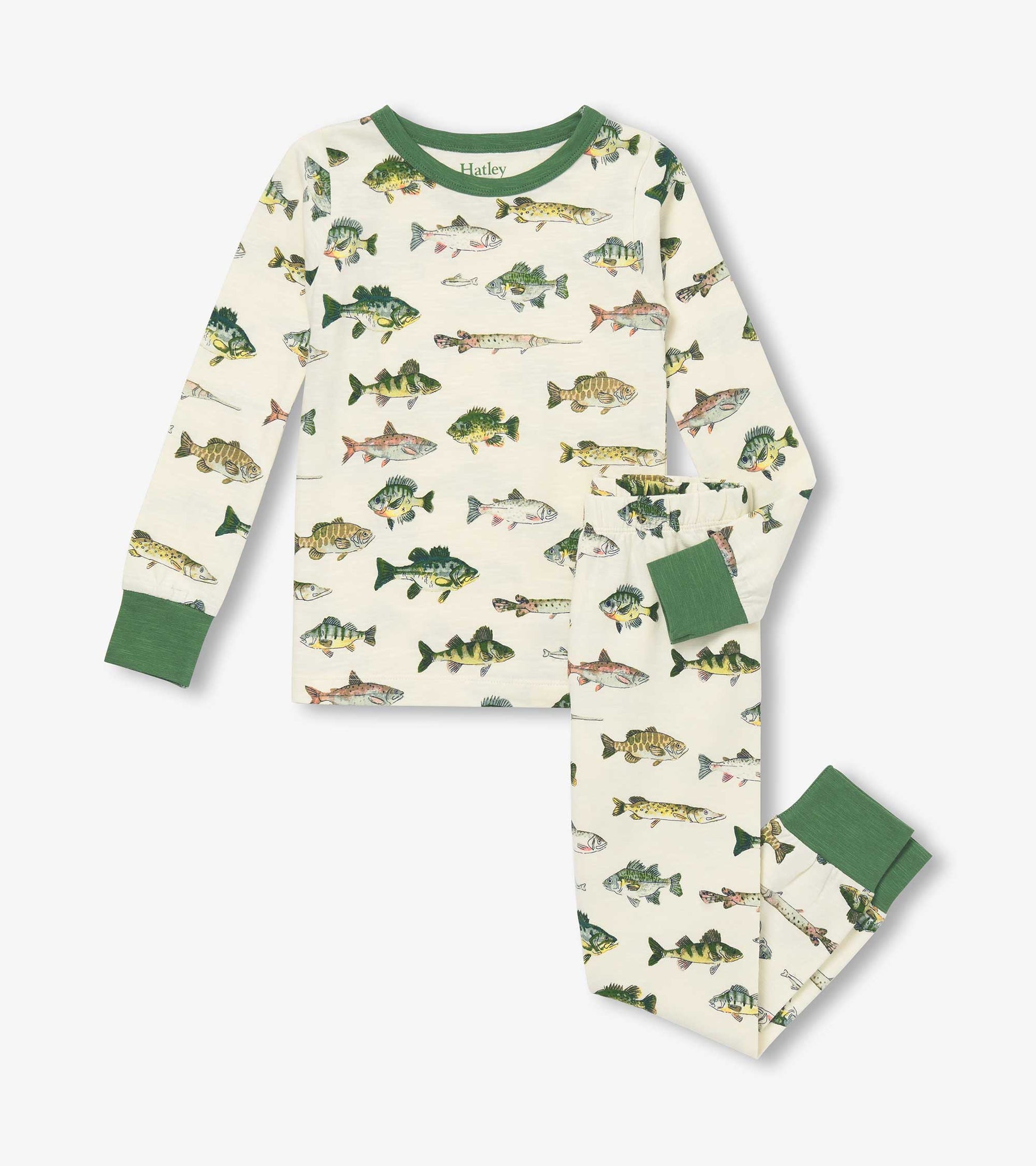 Long-sleeve pyjama set featuring a cream background with colorful fish patterns and green cuffs.