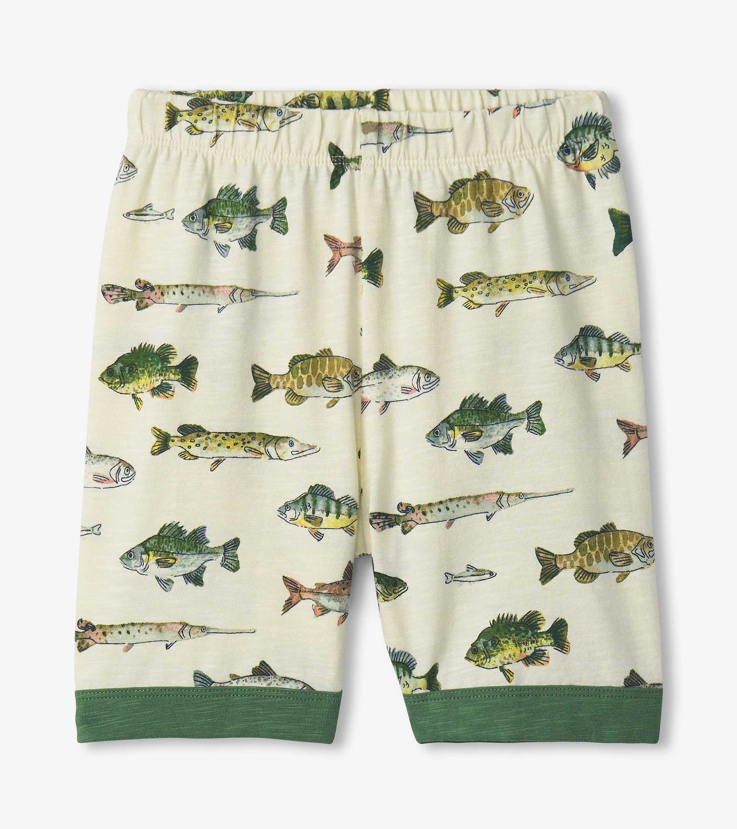 Boys' short pyjama set featuring a light background with colorful fish patterns and a green hem.