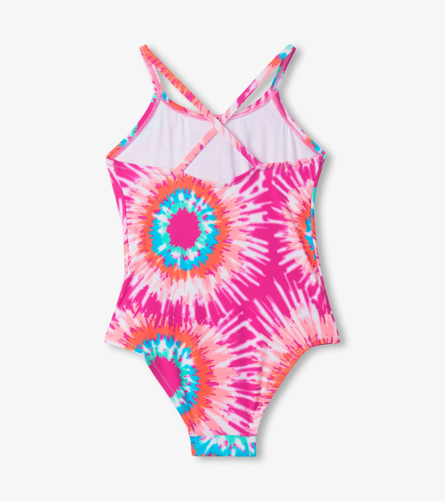 Pink and blue tie-dye swimsuit with ruched front and crisscross straps, suitable for girls.