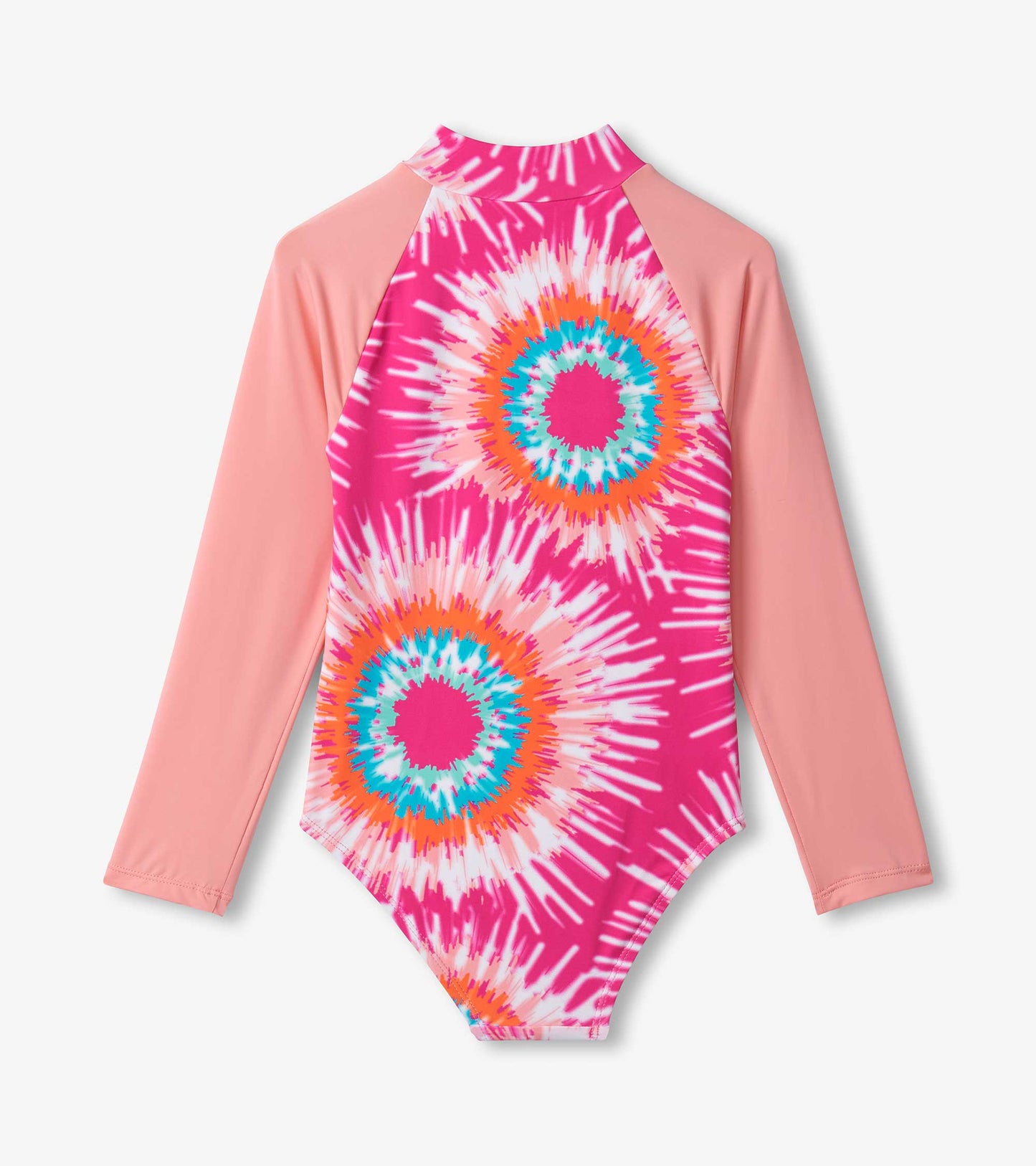 Long sleeve rashguard swimsuit featuring a pink tie-dye pattern with colorful sunburst designs.
