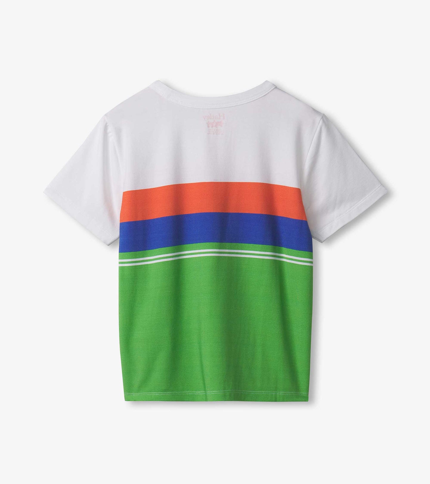 Boys' short-sleeve T-shirt featuring a white top with colorful horizontal stripes in orange, blue, and green.