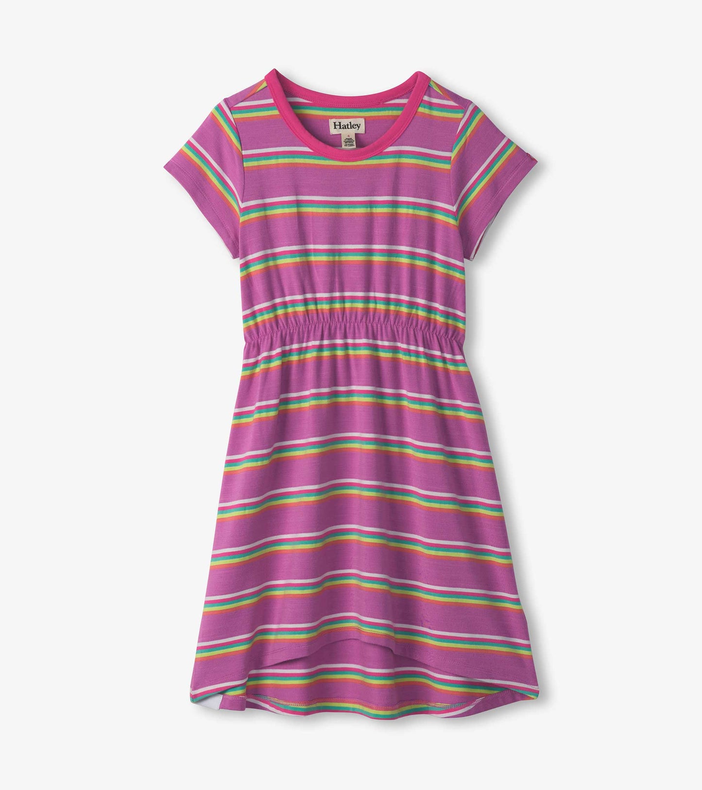 Purple high-low dress with short sleeves, featuring colorful horizontal stripes and an elastic waist.