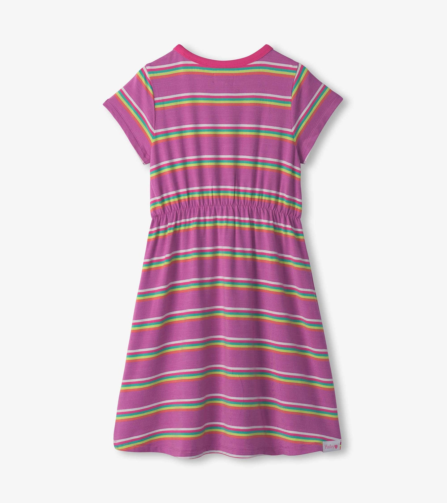Purple high-low dress with colorful stripes and short sleeves, featuring an elastic waist for a comfortable fit.