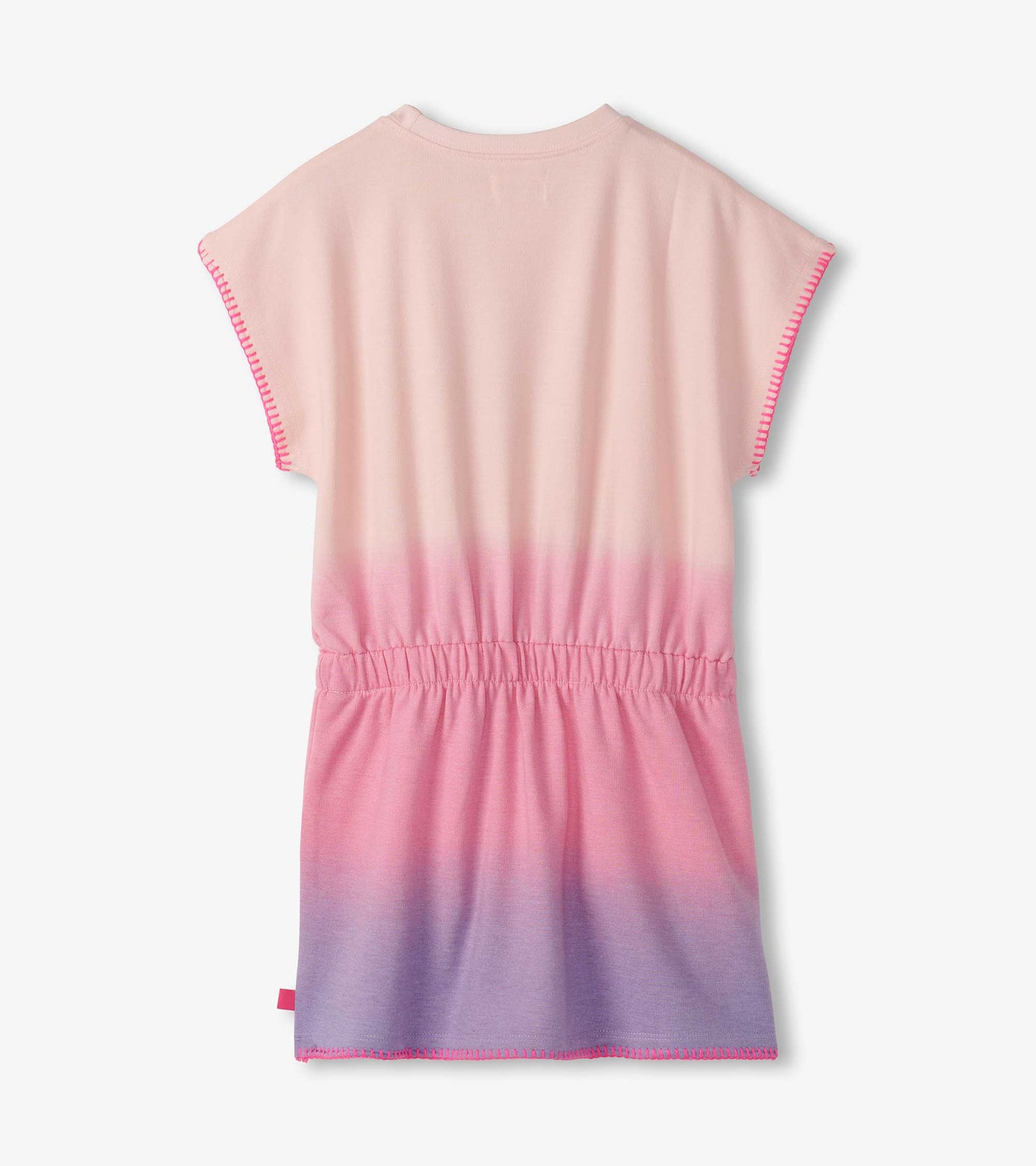 Back view of a girls' dress featuring a pink to purple ombre design with short sleeves and an elastic waist.