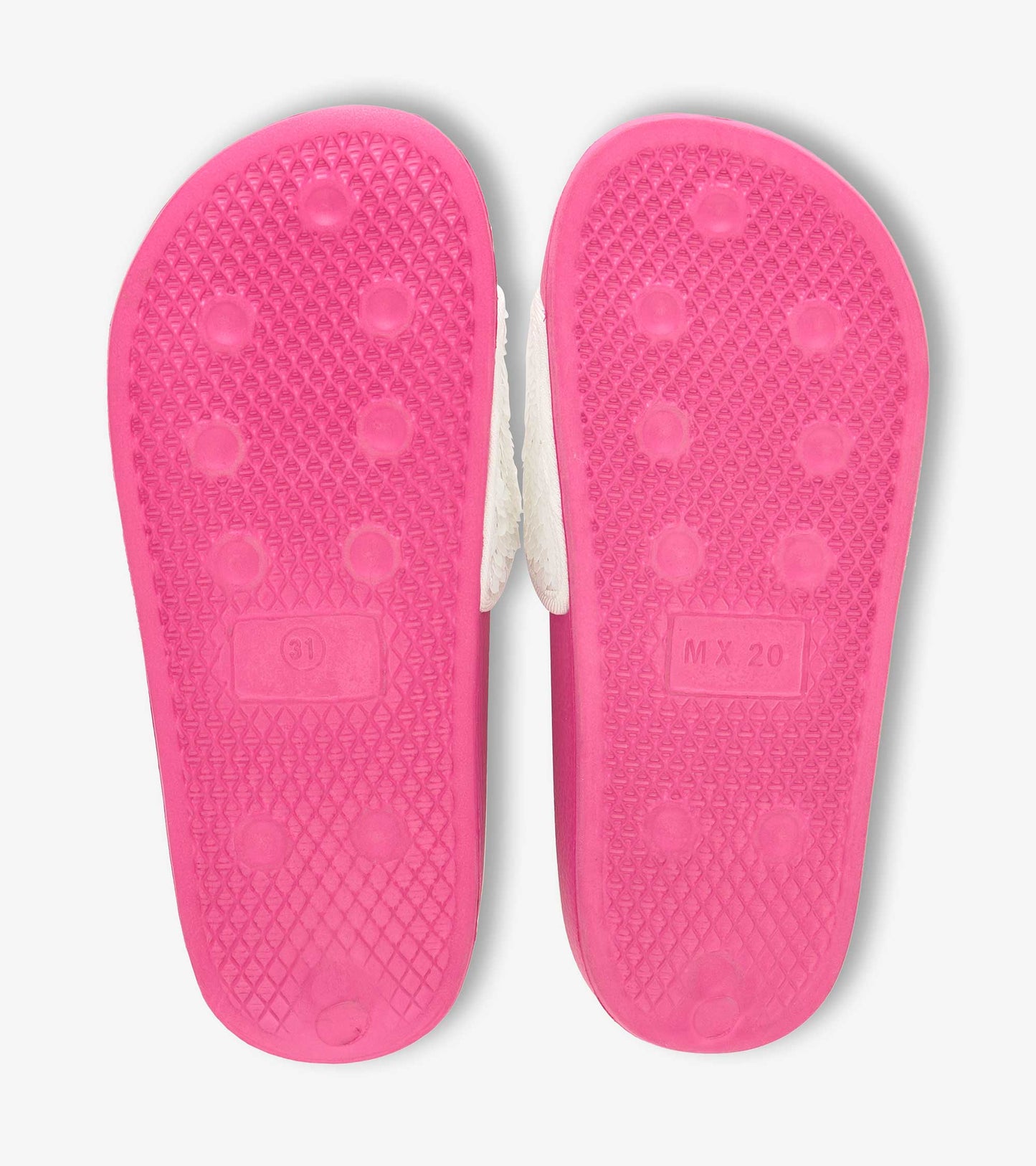 Pink rubber soles with textured grip, featuring white straps adorned with colorful sequin hearts.
