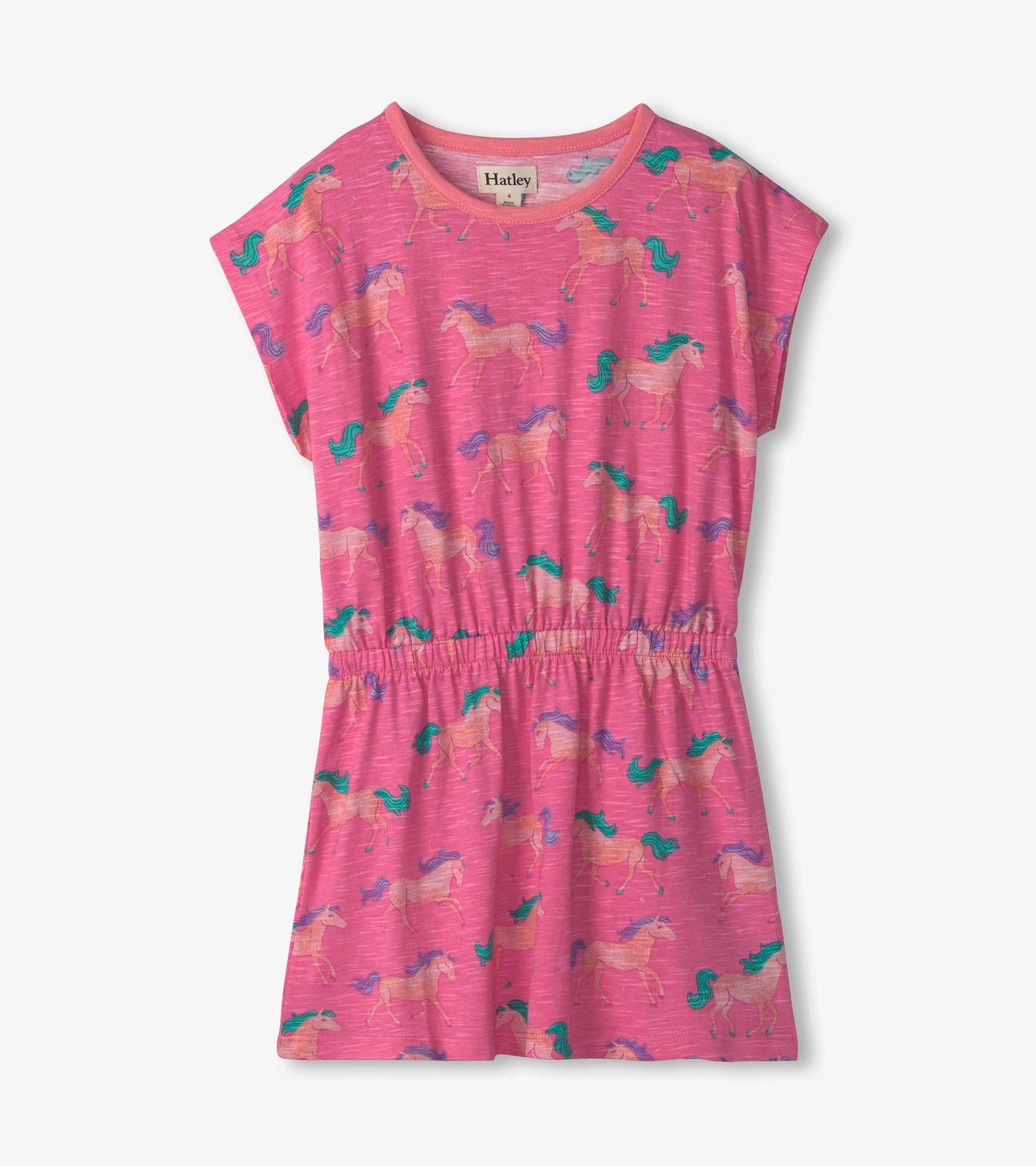 Pink relaxed dress featuring a playful horse pattern with colorful manes, short sleeves, and an elastic waist.