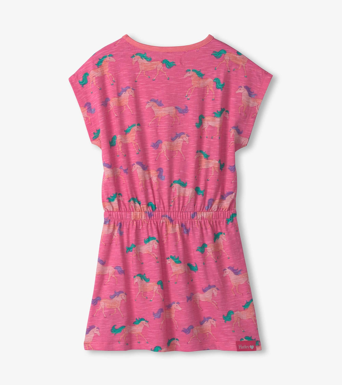 Pink relaxed dress featuring a whimsical horse pattern and an elastic waist for comfort. Back view shown.