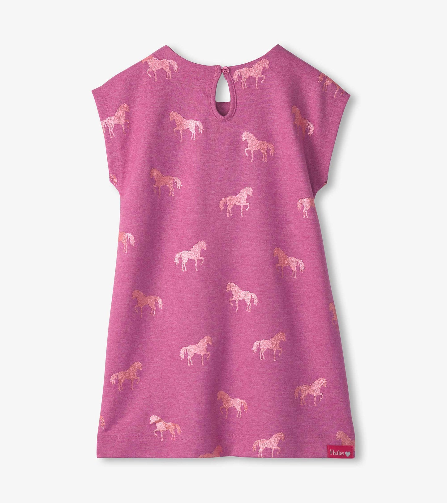 Slouchy pink dress featuring a shimmer horse pattern and a back keyhole button closure.