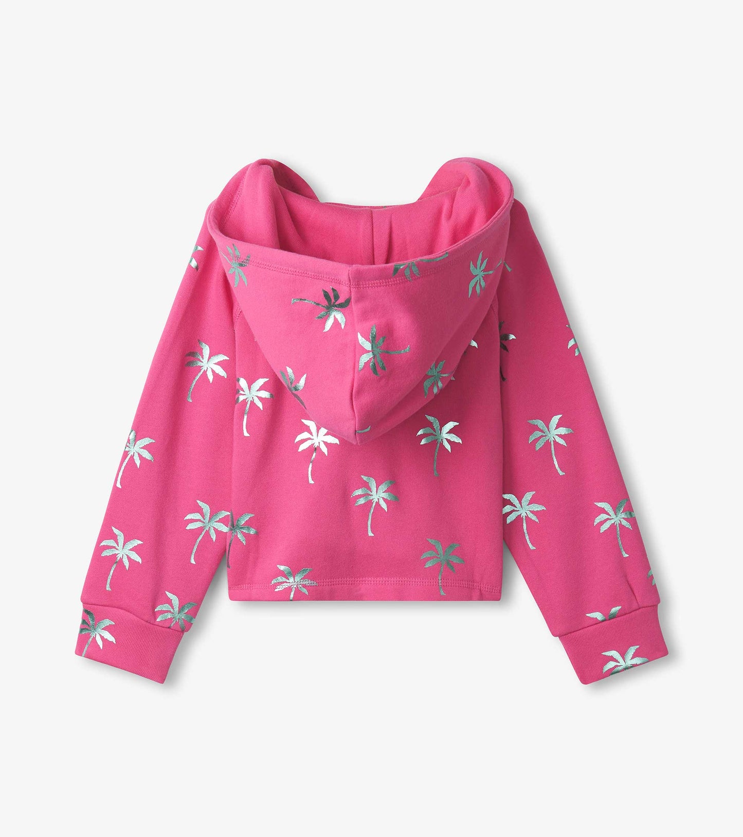 Pink raglan hoodie featuring silver palm tree prints, with a hood and long sleeves.