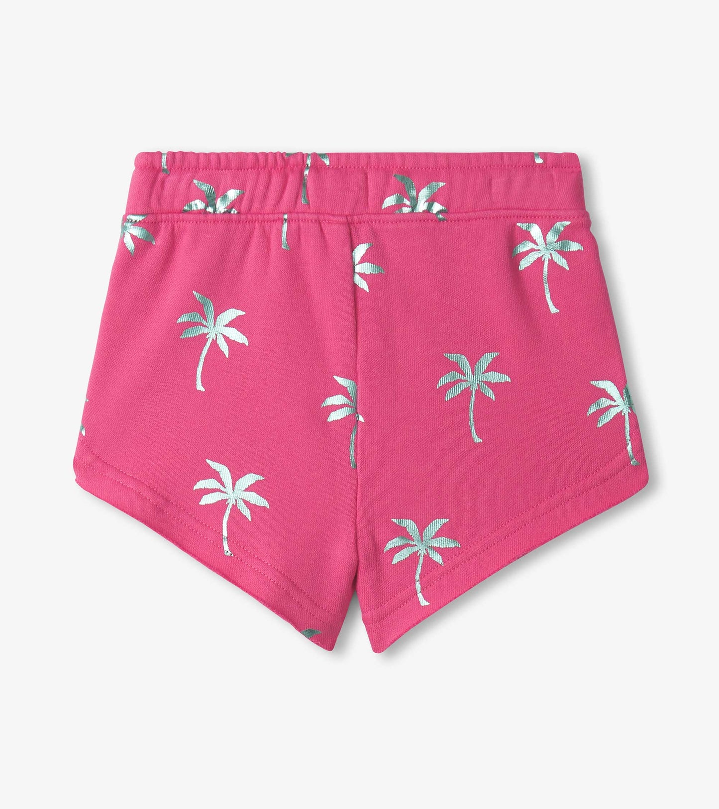Pink pull-on shorts featuring a palm tree pattern in silver, designed for girls.