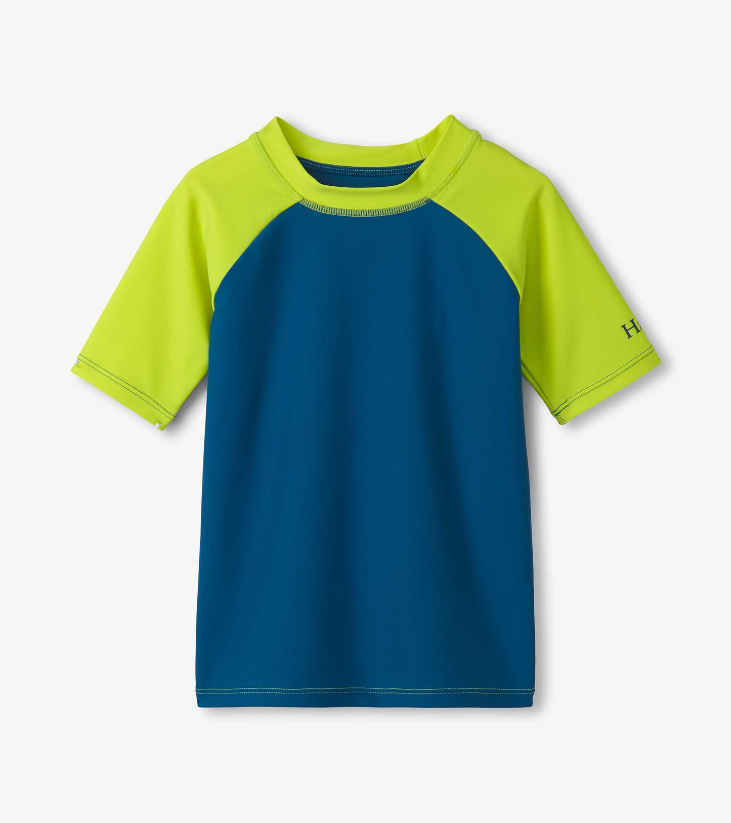 Short sleeve rashguard in blue with bright green raglan sleeves, designed for active water play.
