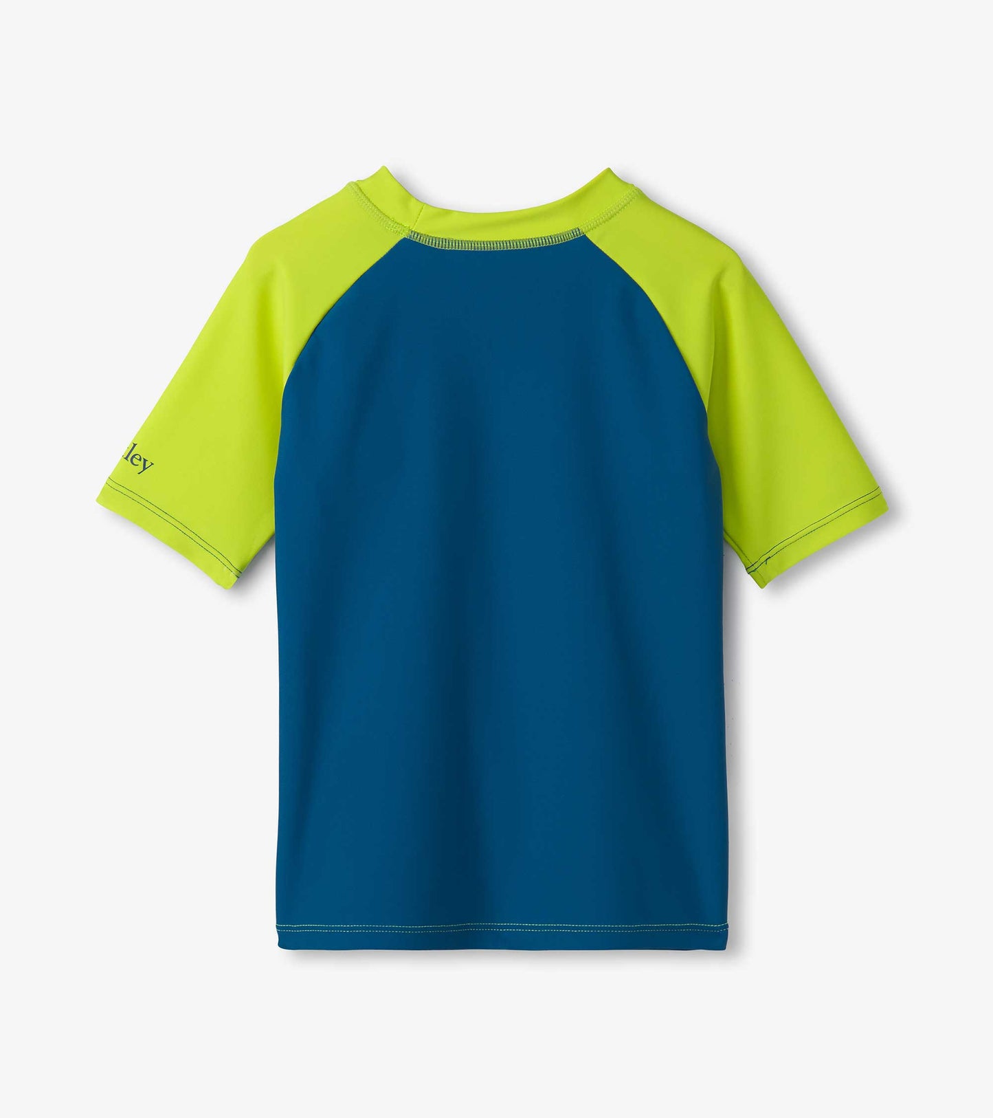 Short sleeve rashguard featuring a blue body with bright green sleeves, ideal for water activities.