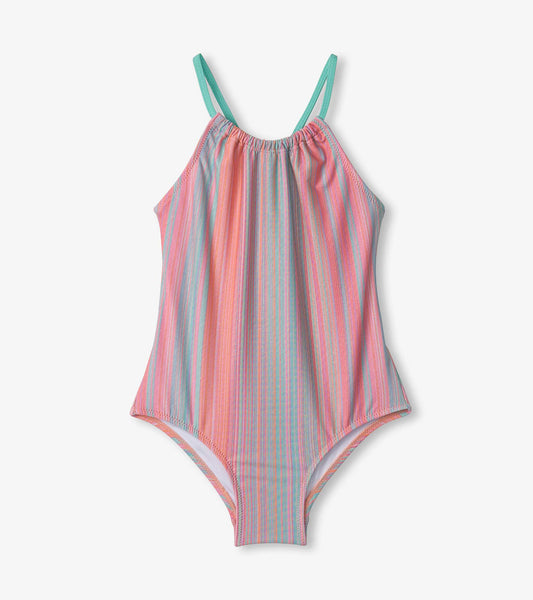 Girls' swimsuit featuring a gathered front, shimmer stripes in pink, blue, and orange, with adjustable straps.