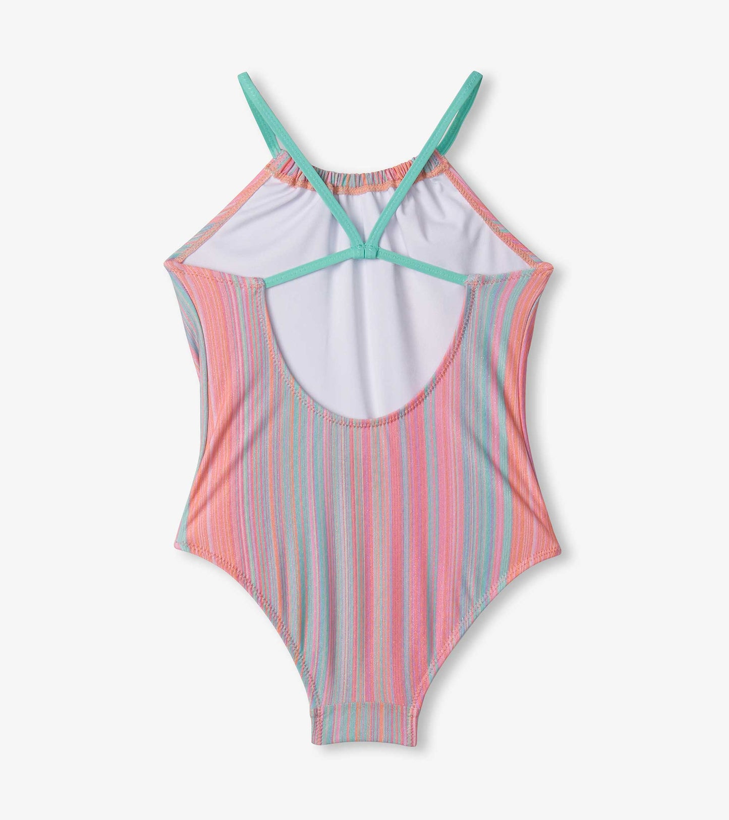 Girls' swimsuit with a gathered front, featuring pastel shimmer stripes and a crisscross back design.
