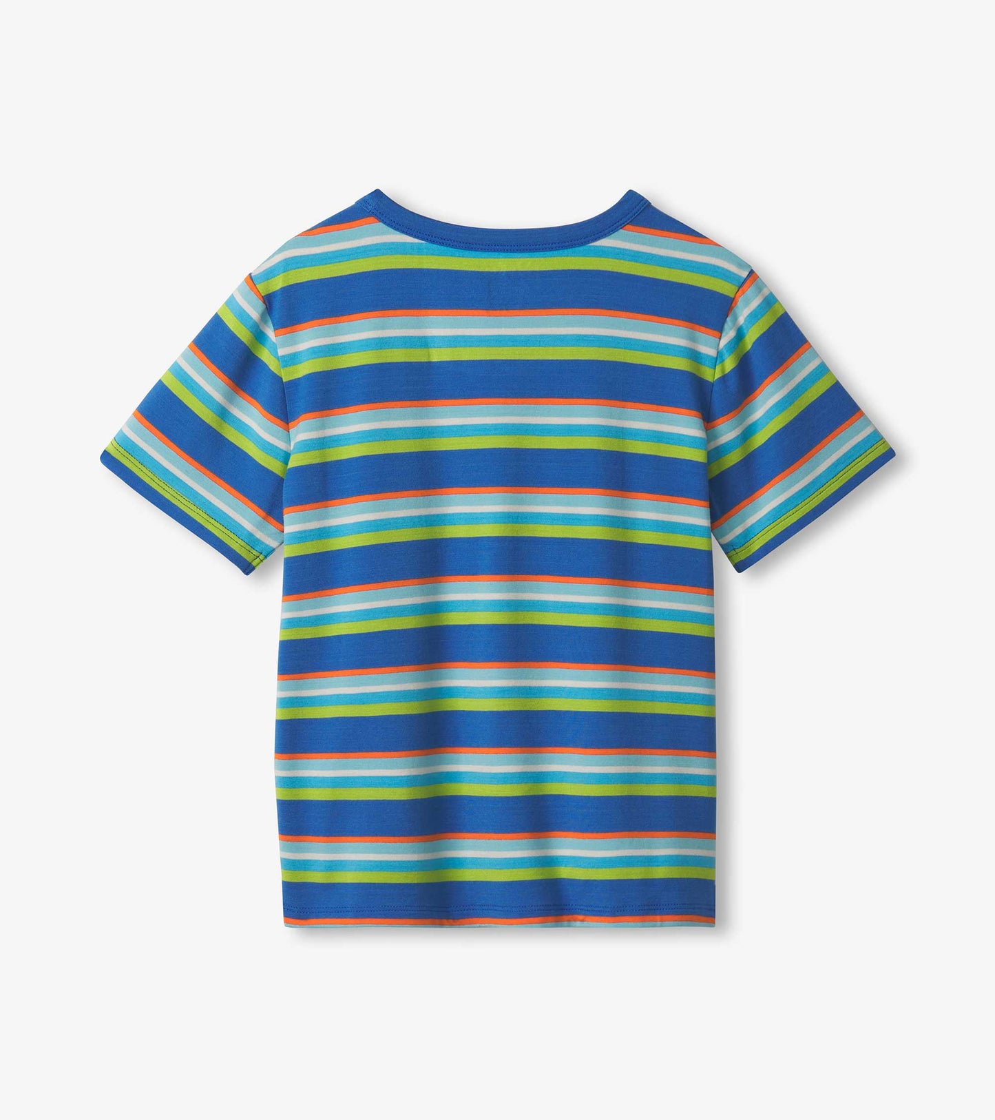Boys' short-sleeve tee in blue with multicolored stripes, featuring a round neckline and soft bamboo fabric.