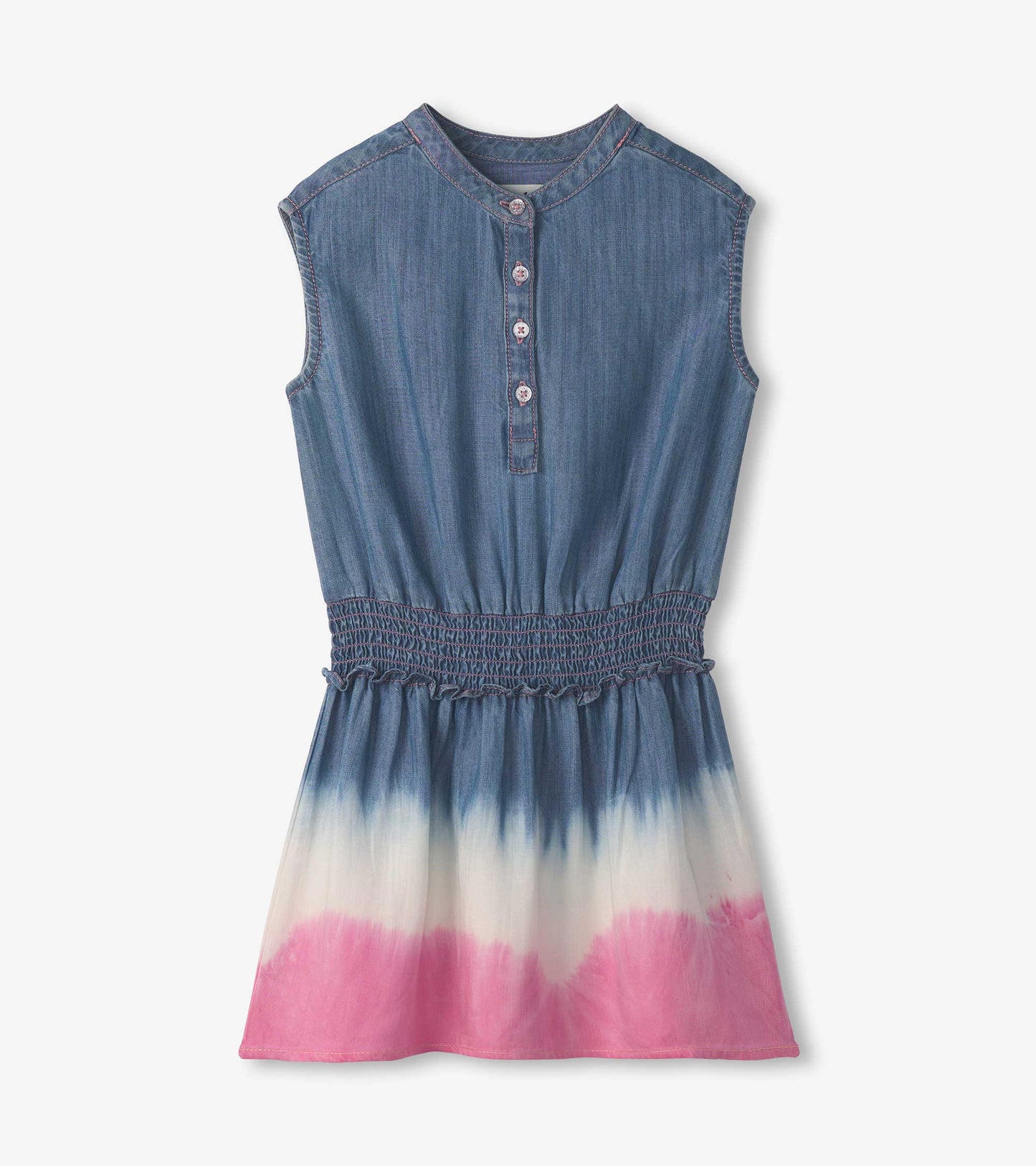 Denim dress with a smocked waist, featuring sapphire stripes and a pink tie-dye hem. Sleeveless design with button closure.